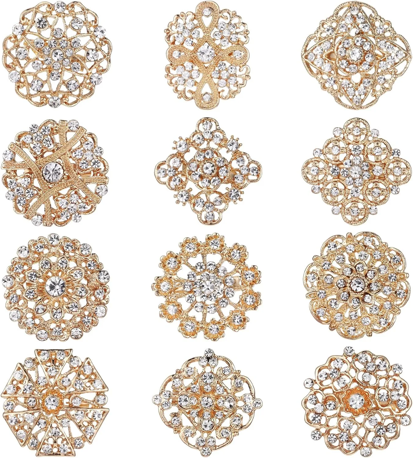 12 Pcs Gold Bouquet Brooches for Women, Crystal Rhinestones Brooch Pins Set Flower Brooch Pins for Crafts Bulk Diamond Corsage Pins for DIY Wedding Decor Supplies