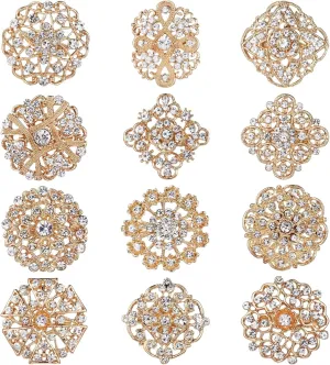 12 Pcs Gold Bouquet Brooches for Women, Crystal Rhinestones Brooch Pins Set Flower Brooch Pins for Crafts Bulk Diamond Corsage Pins for DIY Wedding Decor Supplies