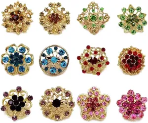 12Pcs Vintage Crystal Flower Brooches Elegant Rhinestone Floral Statement Brooch Pins Fashion Jewelry Accessories for Women Girl Gift