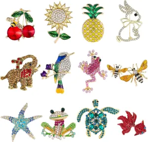 12pcs Women Brooches Bulk Set Rhinestones Crystal Animal Shape Brooch Pins Flower Brooch for Women Fashion
