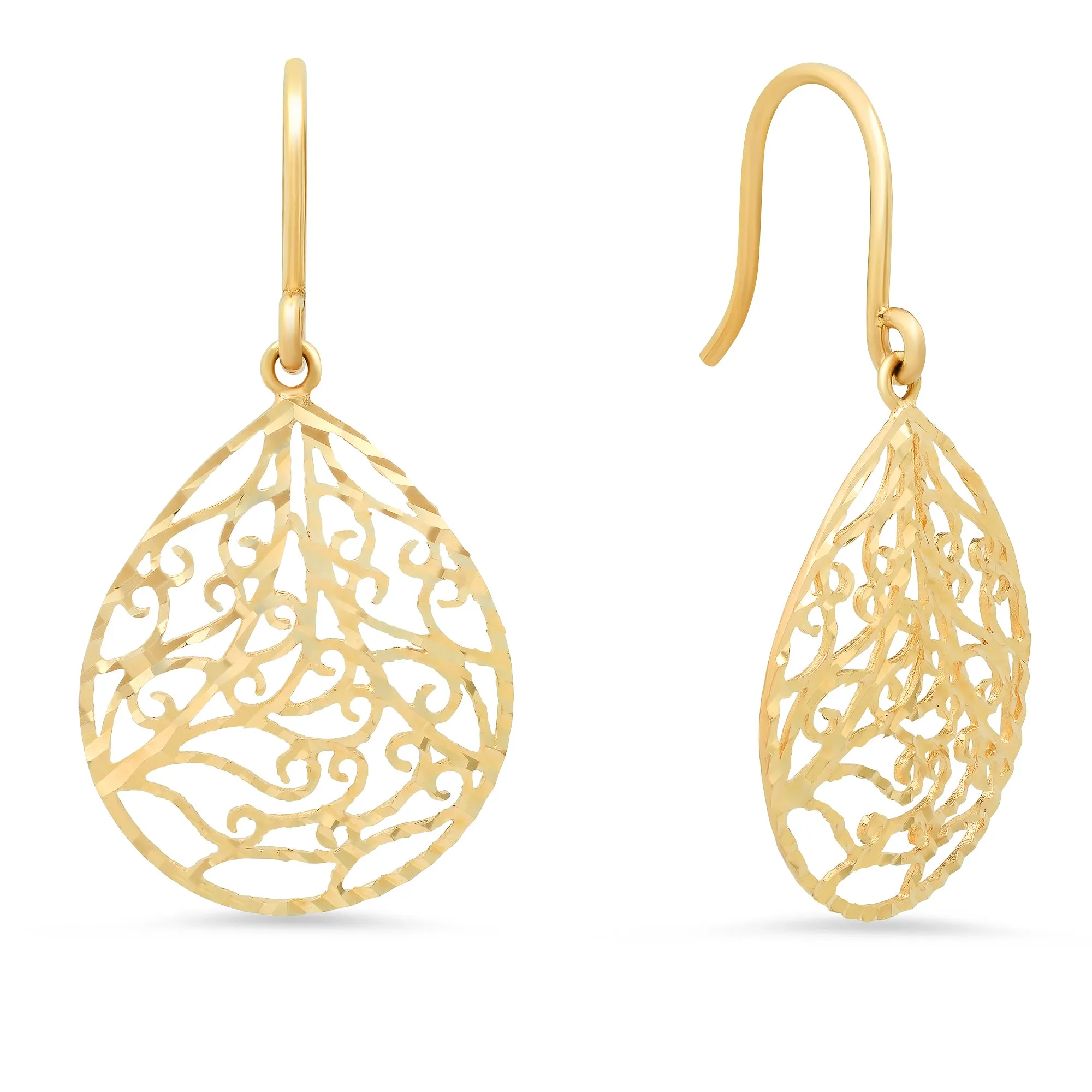 14K Yellow Gold Oval Detailed Design Filled Dangle Earring