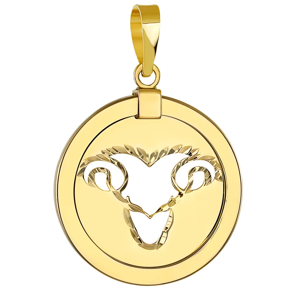 14K Yellow Gold Reversible Round Ram Aries Zodiac Sign Pendant