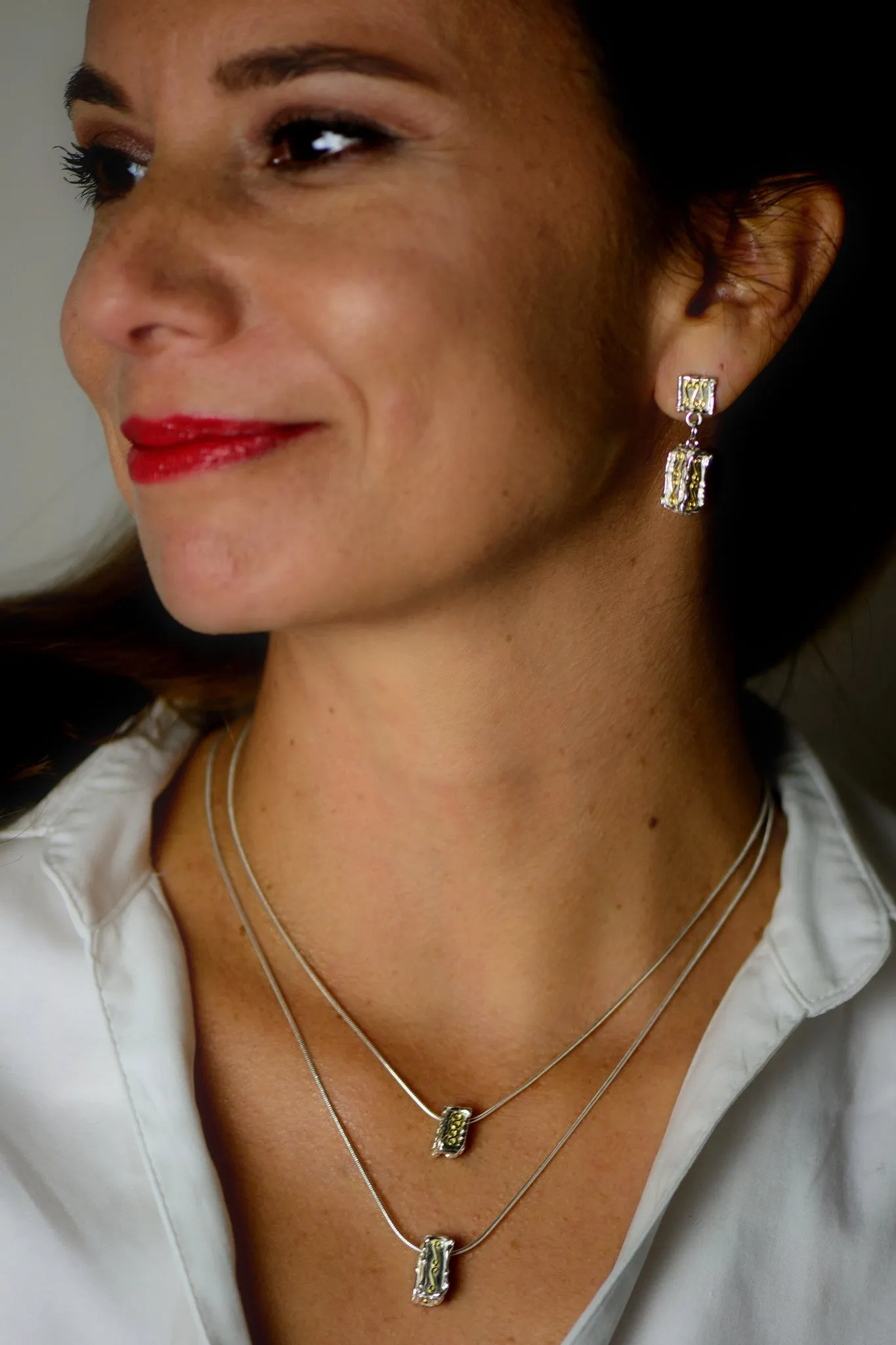 18ct gold and silver patterned large 3D rectangle hanging earrings, geometrical designs