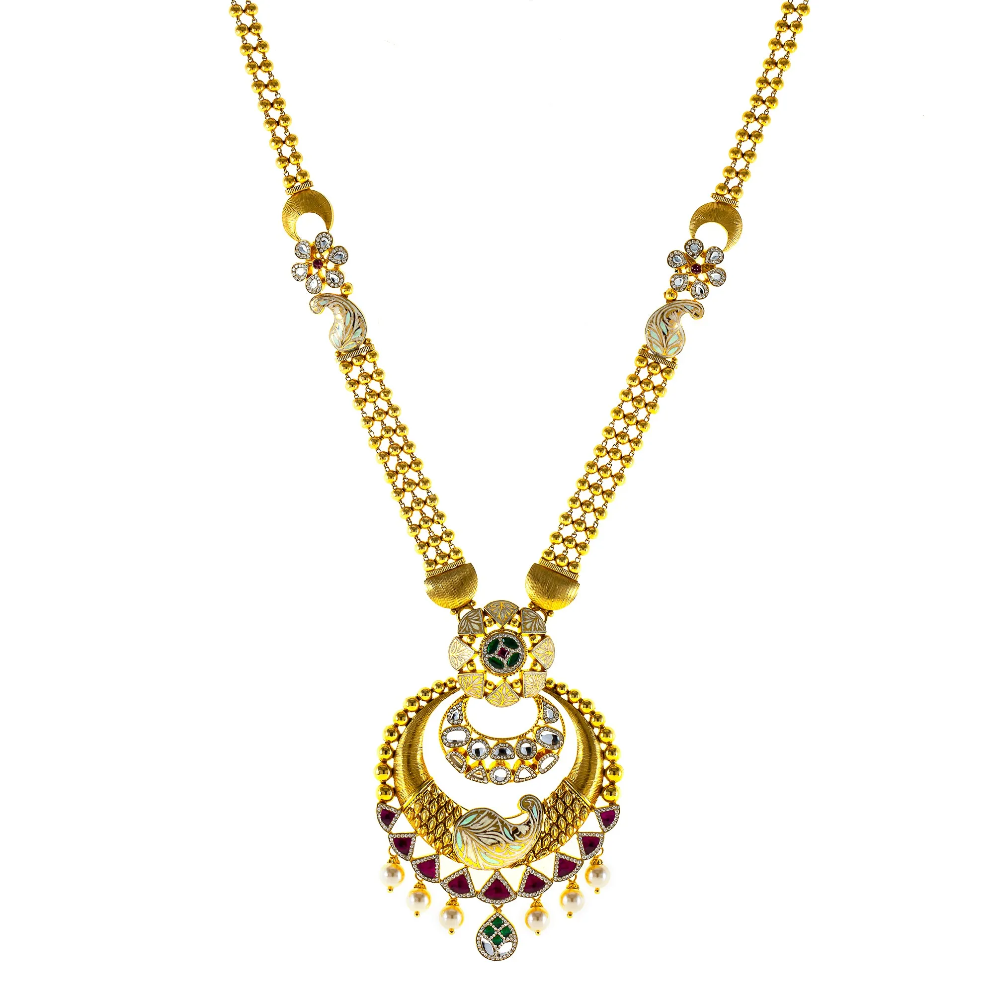 22K Yellow Gold Necklace Set w/ Kundan, Emerald, CZ, Pearls, and Ruby (85.2gm)