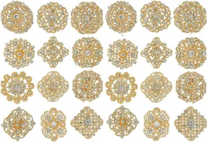 24 Pieces Rhinestone Embellished Flower Brooches Pin set for Women DIY Weddding Bouquet,Assorted Floral Designs for Party Decoration Any Crafts
