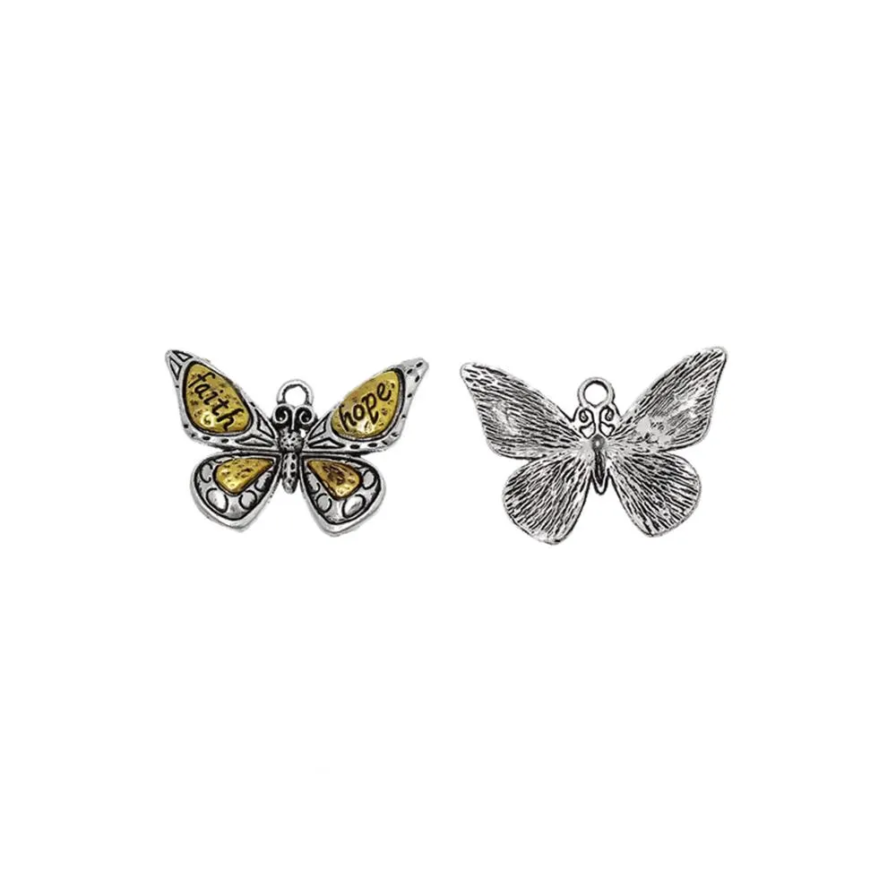5 Pcs Tibetan Silver BUTTERFLY SILVER & GOLD TONE "FAITH & HOPE" 31mm x 22mm Charms Pendants