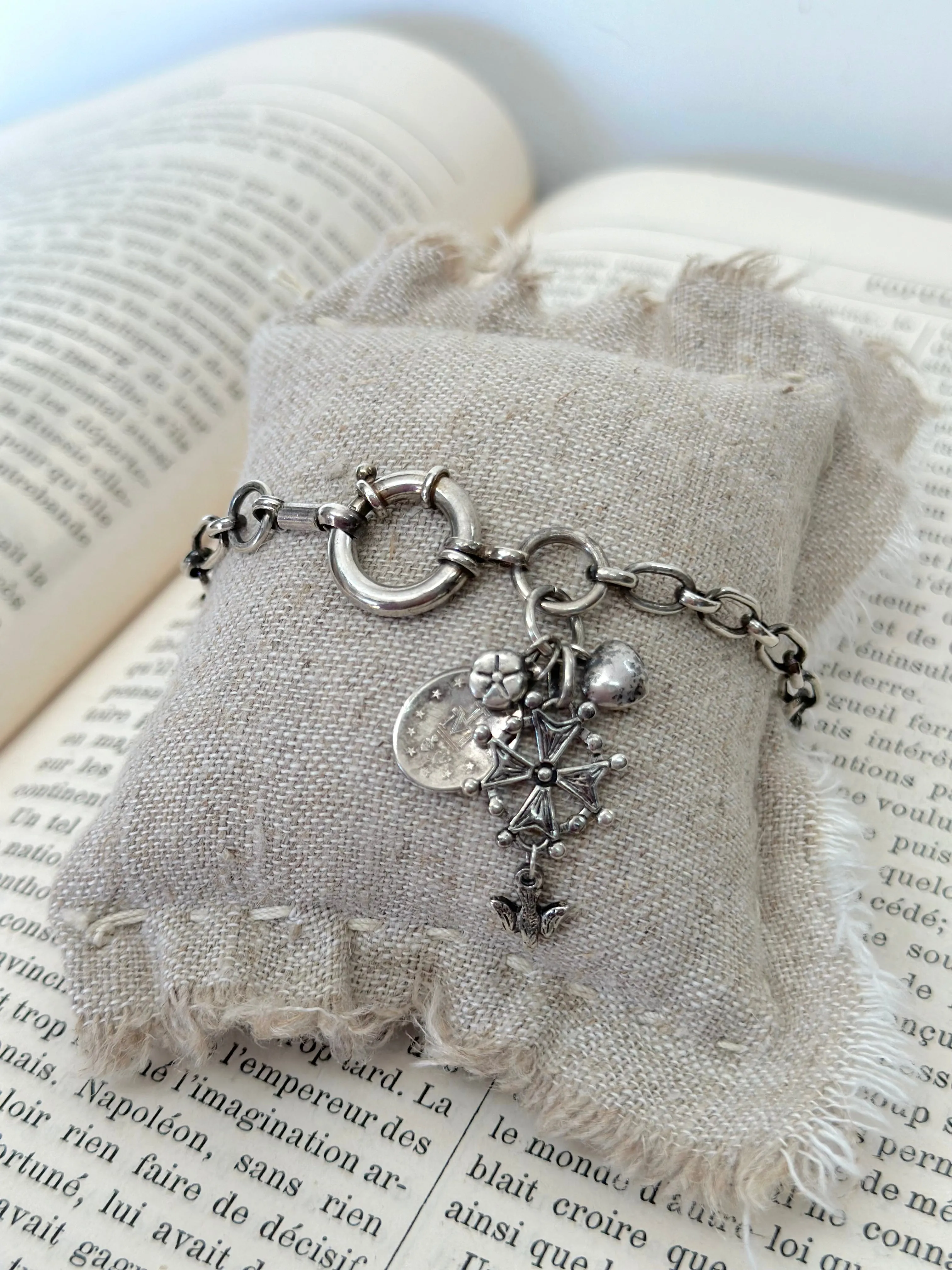 Antique French Silver Charm Bracelet With Petite Christian Medal