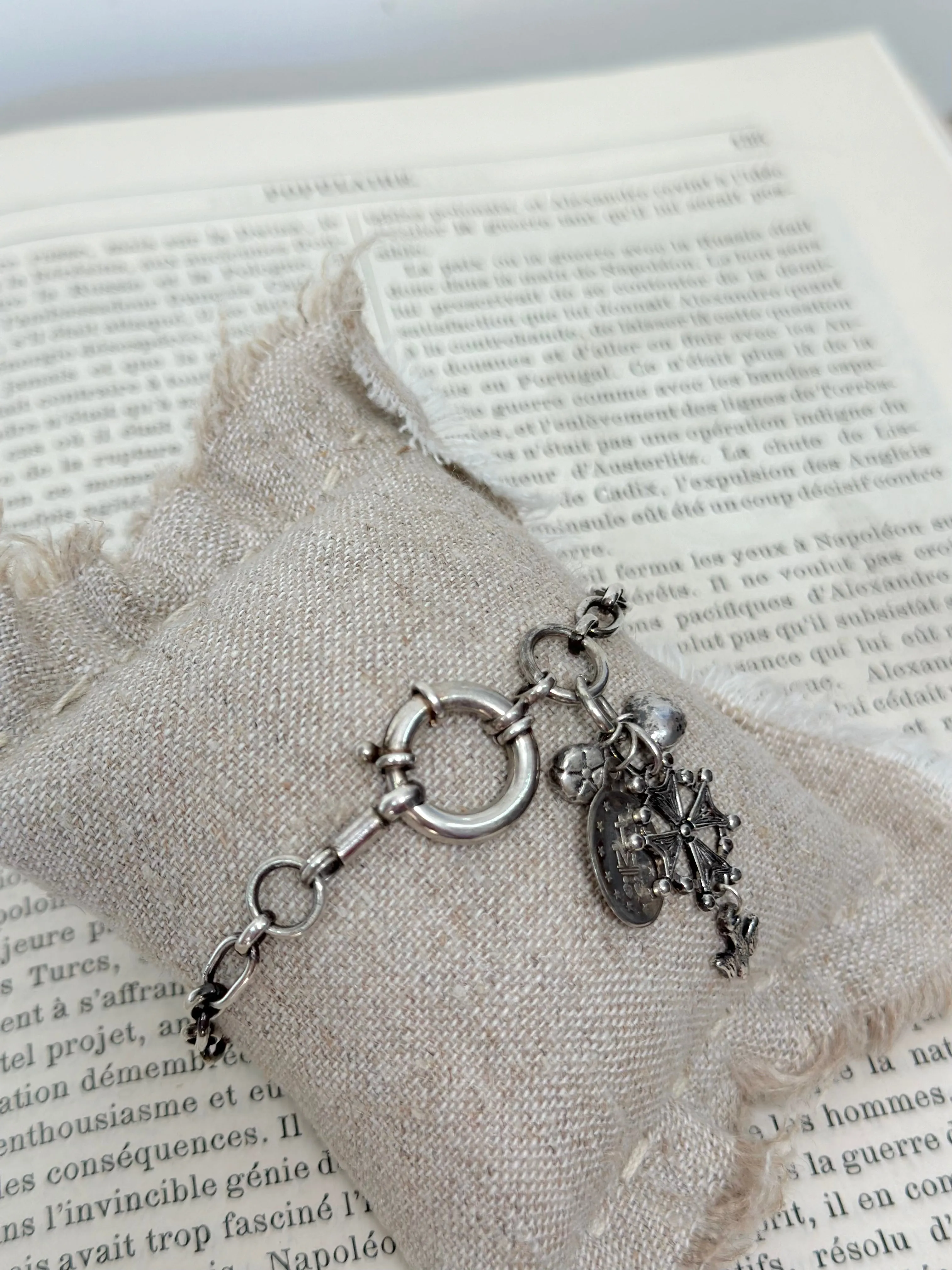 Antique French Silver Charm Bracelet With Petite Christian Medal