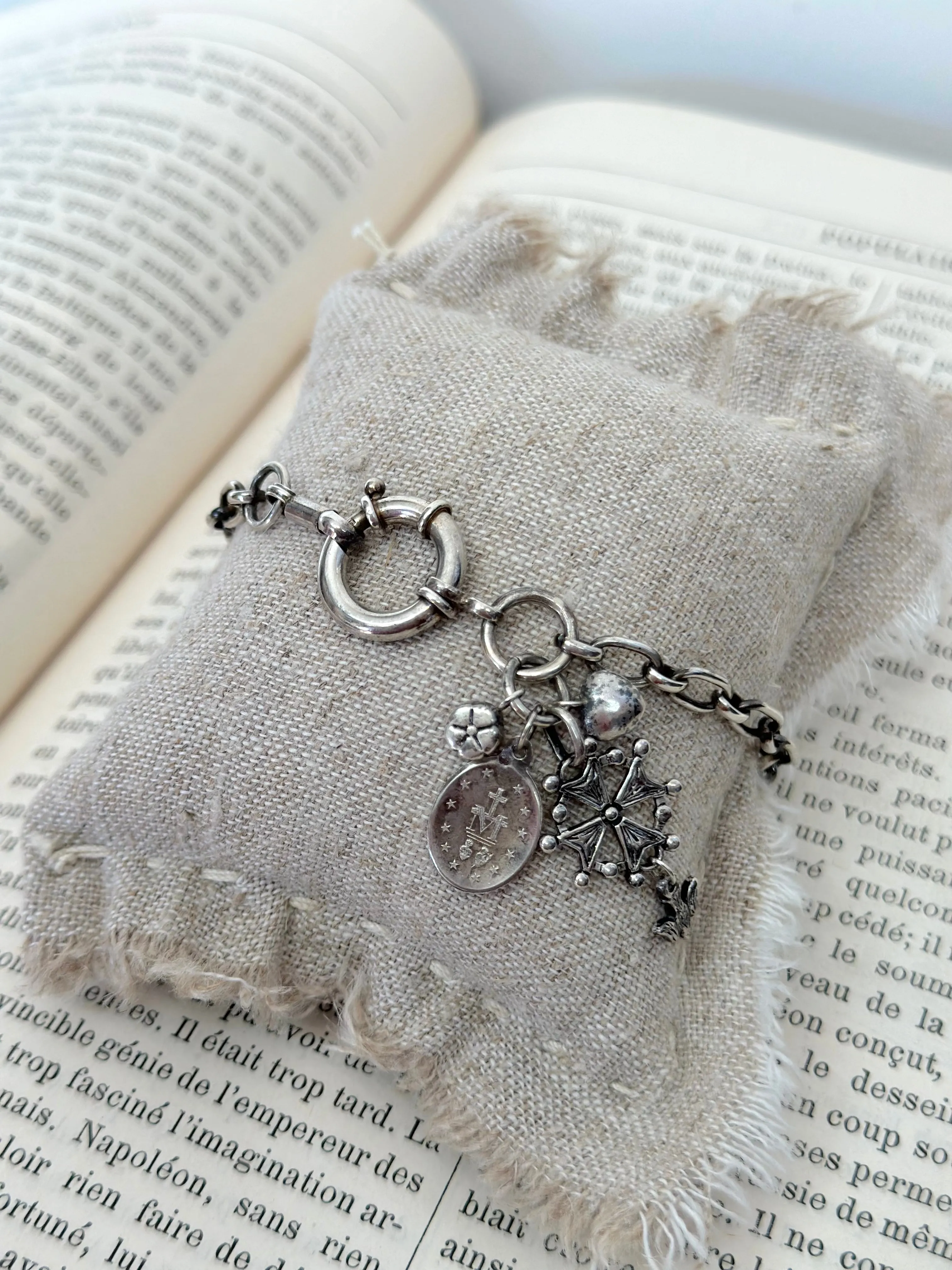 Antique French Silver Charm Bracelet With Petite Christian Medal