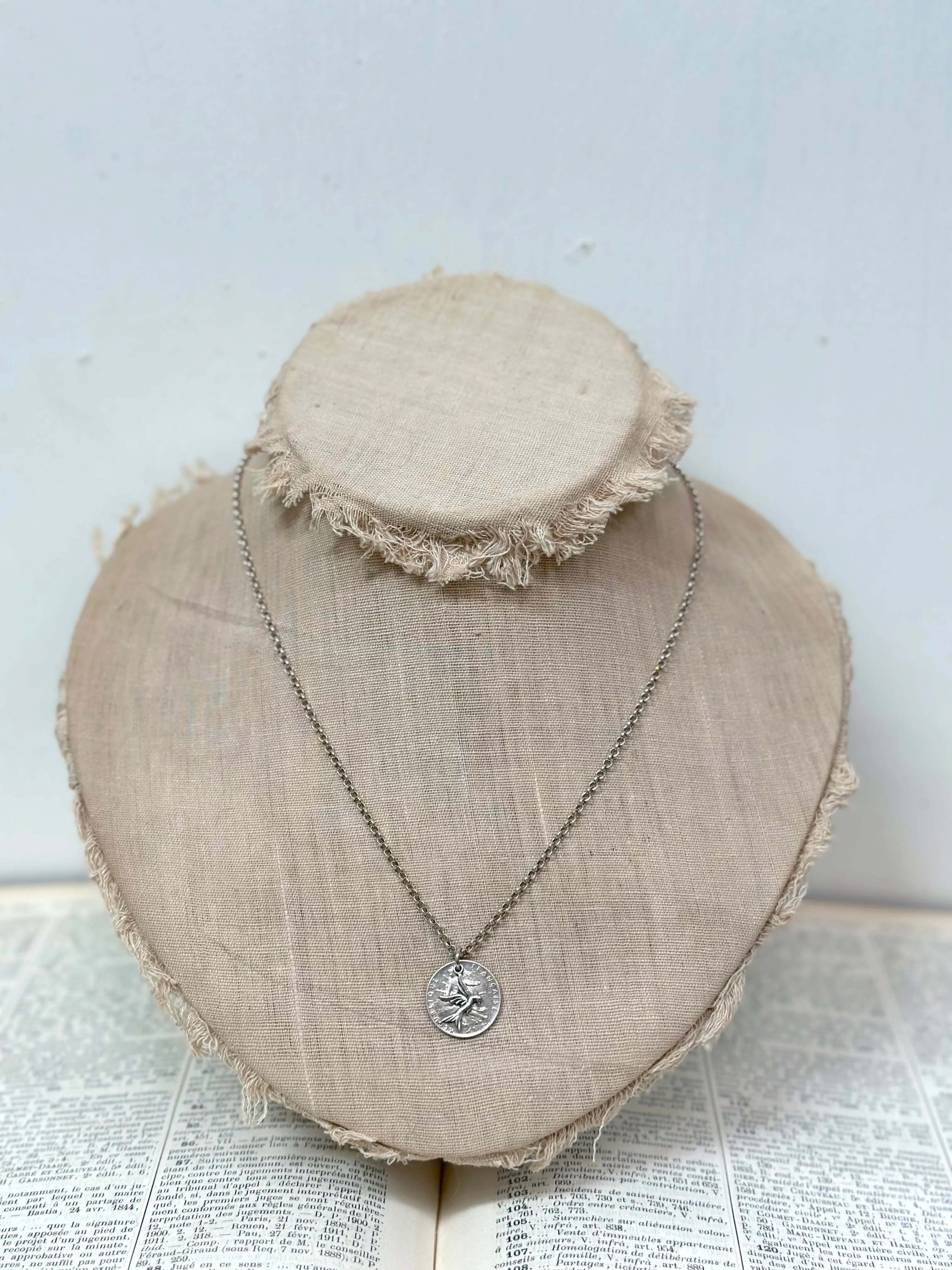 Antique French Silver Coin Necklace With Dove Charm
