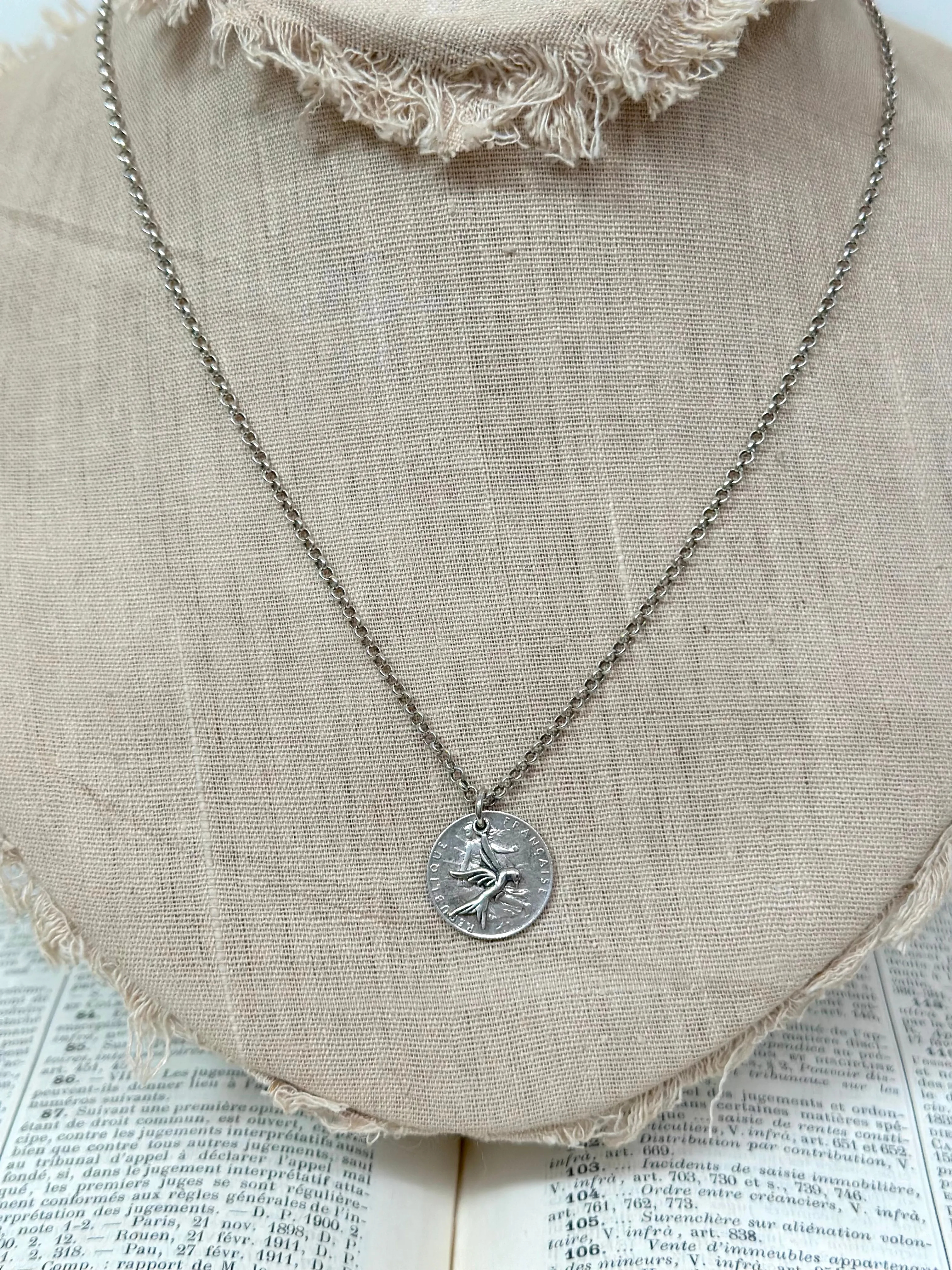 Antique French Silver Coin Necklace With Dove Charm