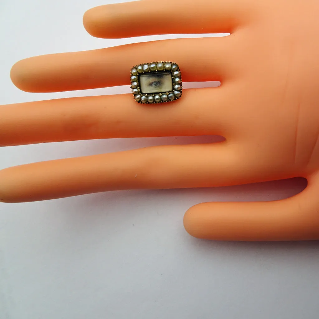 Antique Georgian tiny miniature eye portrait brooch gold pearls Unisex (7349)