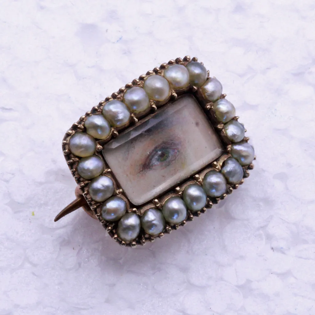 Antique Georgian tiny miniature eye portrait brooch gold pearls Unisex (7349)