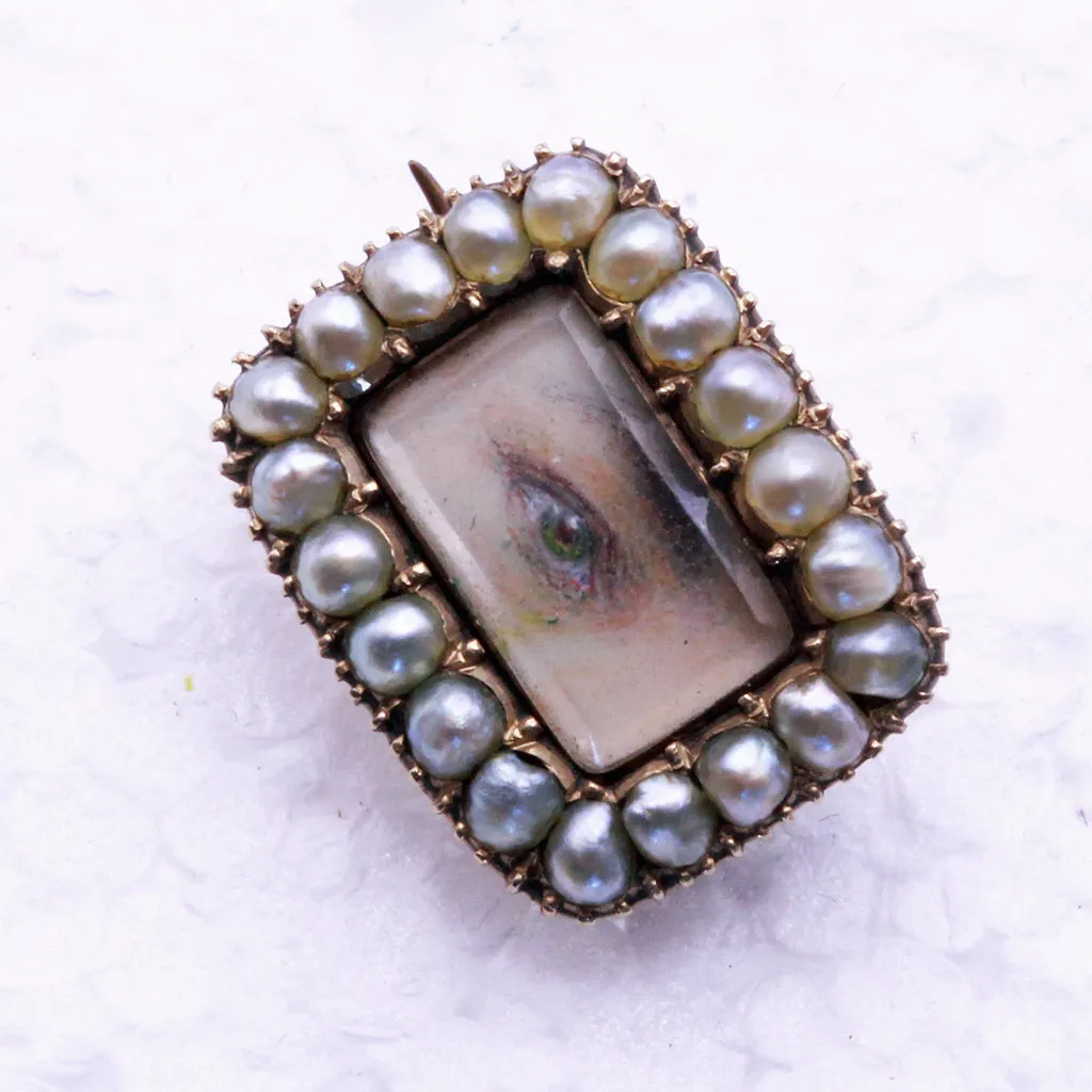 Antique Georgian tiny miniature eye portrait brooch gold pearls Unisex (7349)
