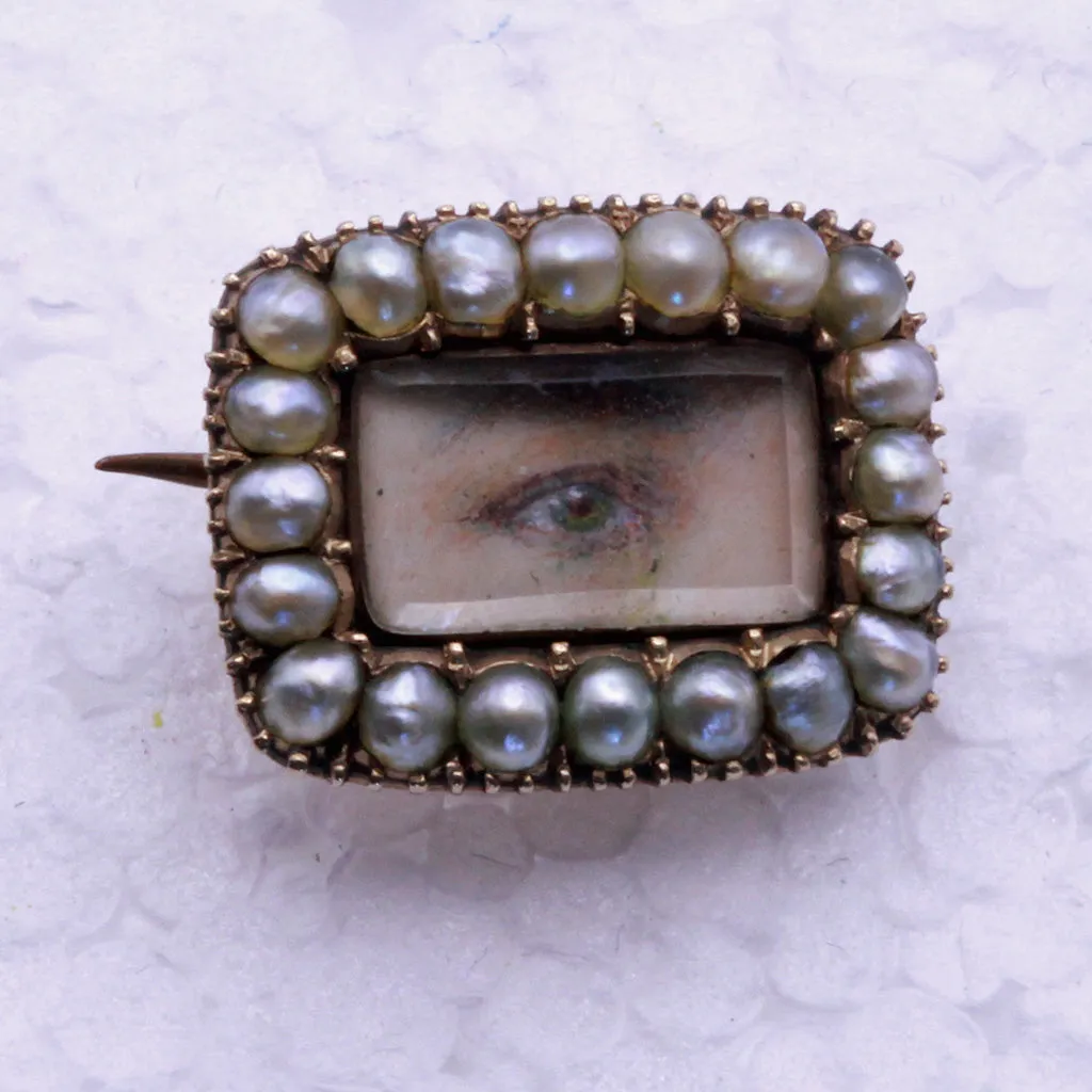Antique Georgian tiny miniature eye portrait brooch gold pearls Unisex (7349)