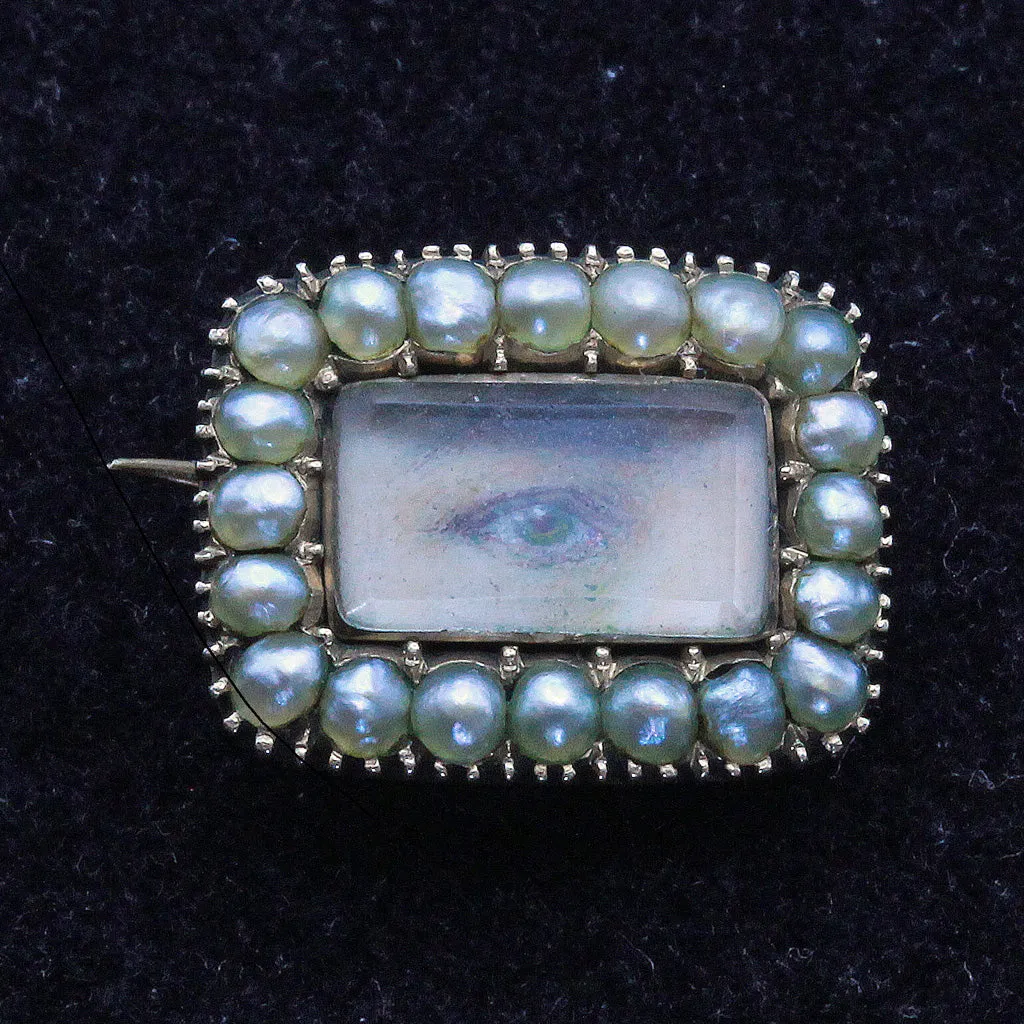 Antique Georgian tiny miniature eye portrait brooch gold pearls Unisex (7349)