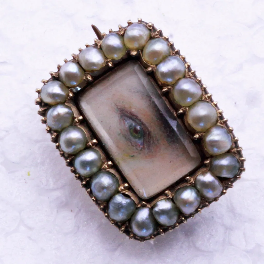 Antique Georgian tiny miniature eye portrait brooch gold pearls Unisex (7349)
