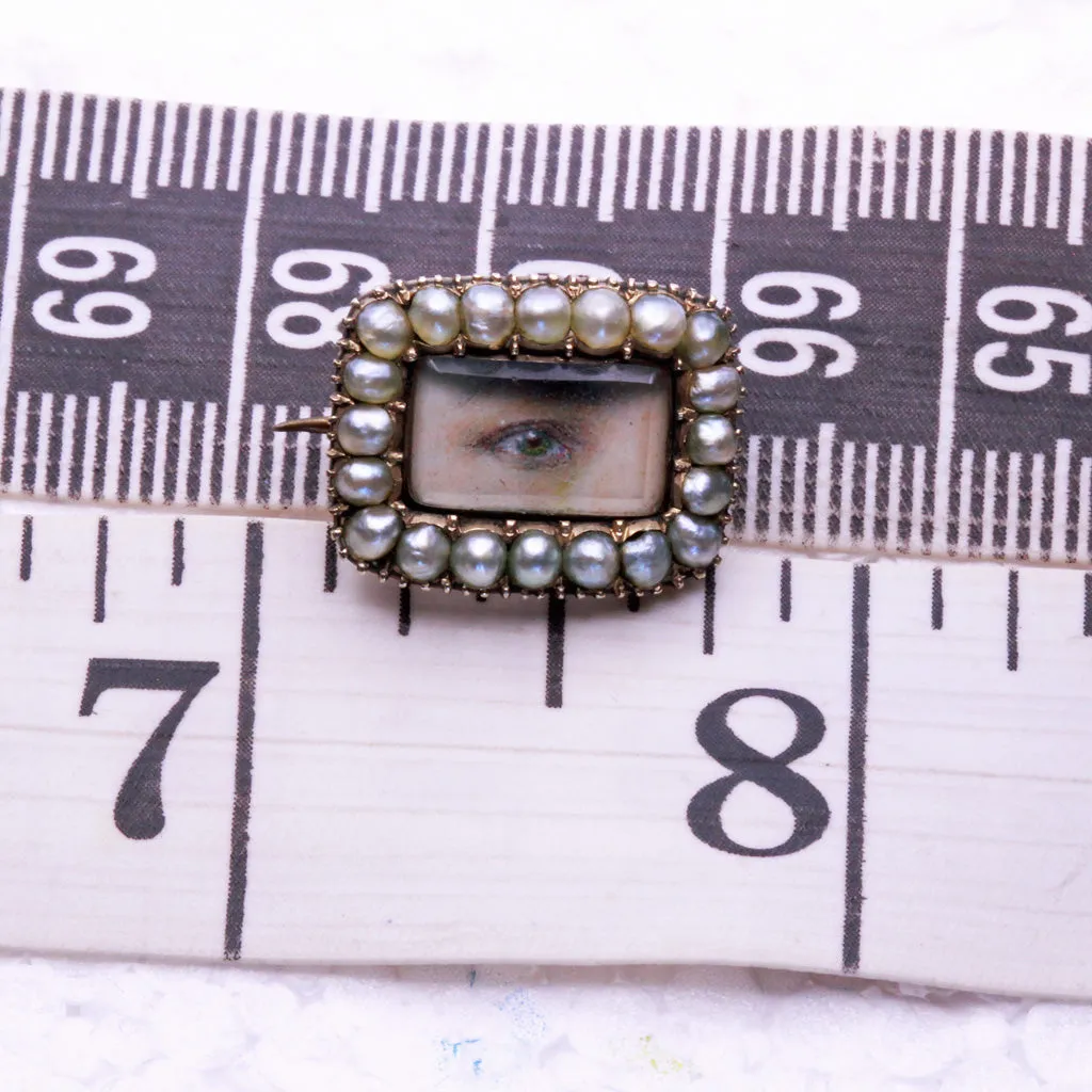 Antique Georgian tiny miniature eye portrait brooch gold pearls Unisex (7349)