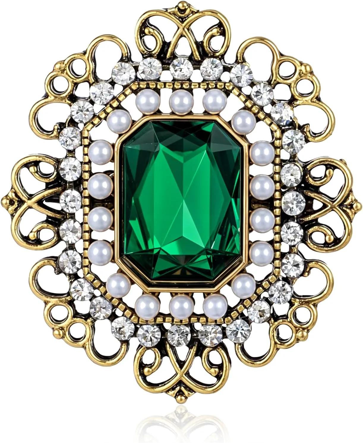 Antique Green Brooches and Pins for Women and Girls, Rhinestone Pearl Brooches Emerald Baroque Crystal Brooch Lapel pins Scarf Clip for Clothes Dress Hats Bags Accessory