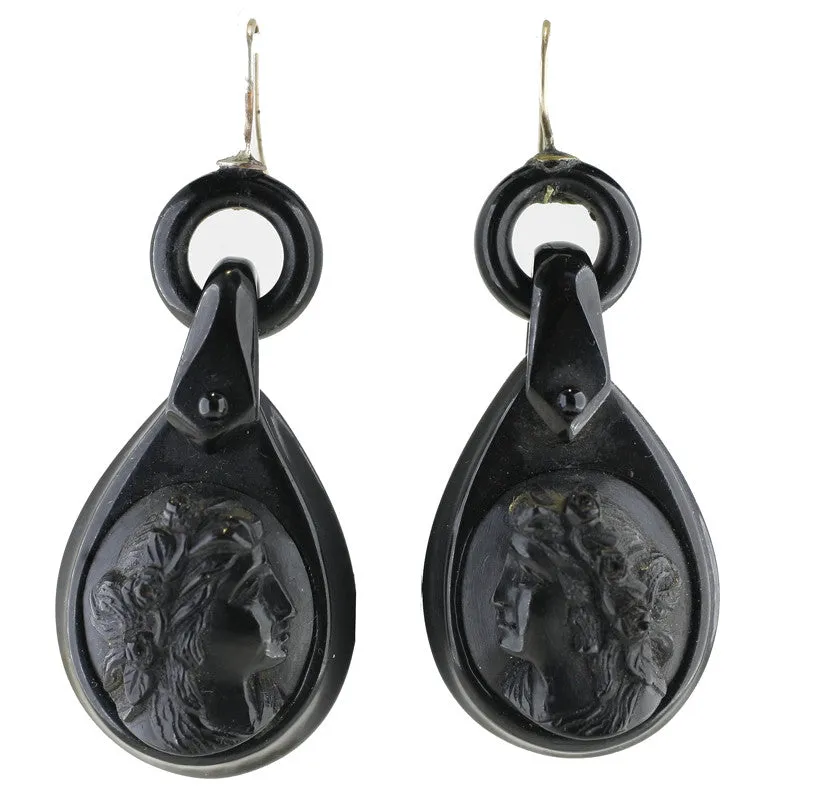 Antique Jet Carved Portrait Hook Drop Earrings