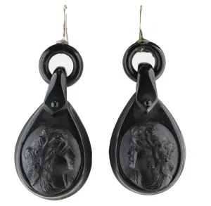 Antique Jet Carved Portrait Hook Drop Earrings