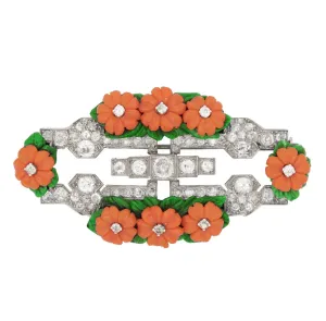 Art Déco platinum diamond, coral and malachite brooch, 1925 c.a.