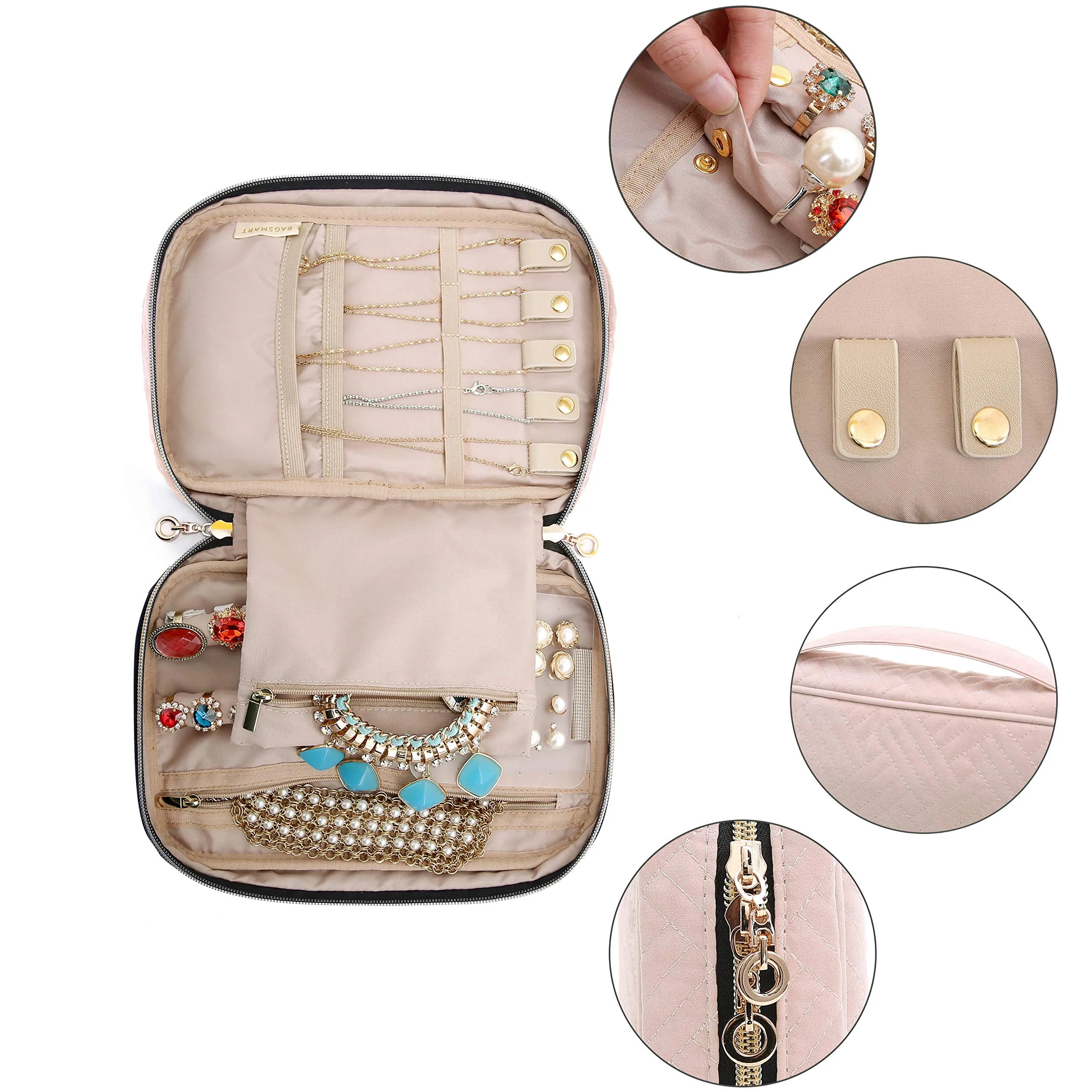 BAGSMART Jewelry Organizer Case Travel Jewelry Storage Bag for Necklace, Earrings, Rings, Bracelet, Soft Pink Medium