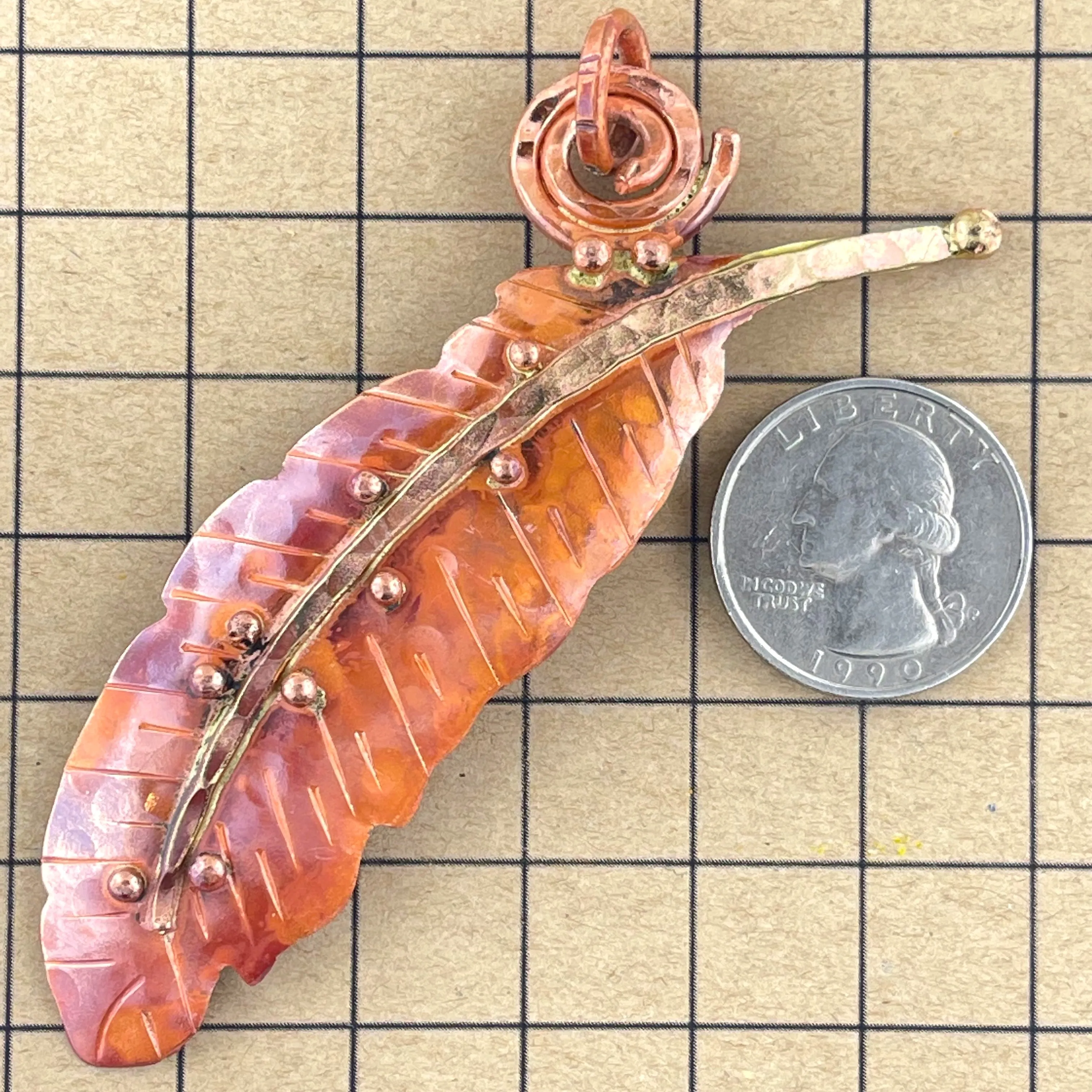 Big Copper Feather Pendant - Vertical