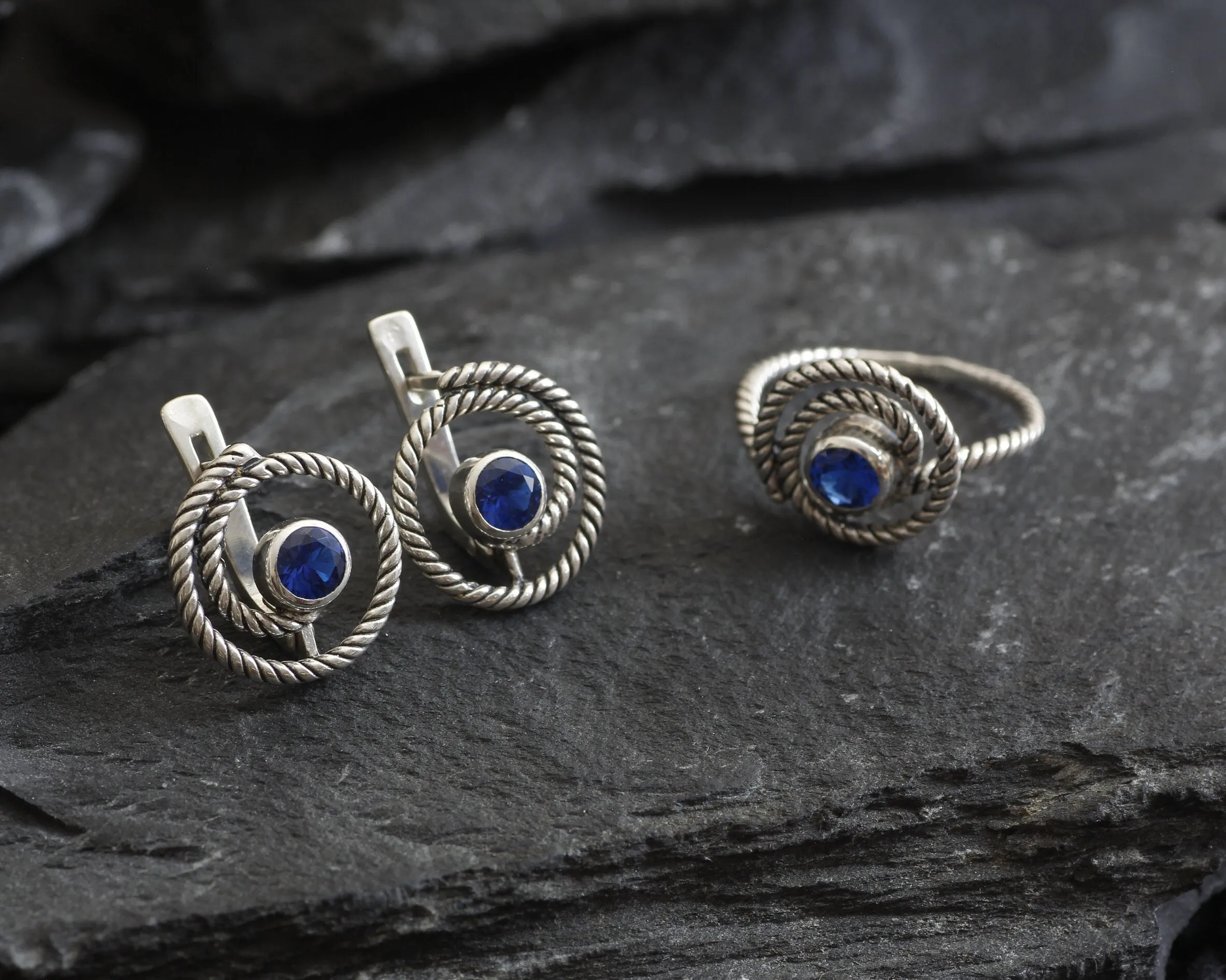 Blue Swirl Earrings - Spiral Sapphire Earrings, Large Swirl Studs