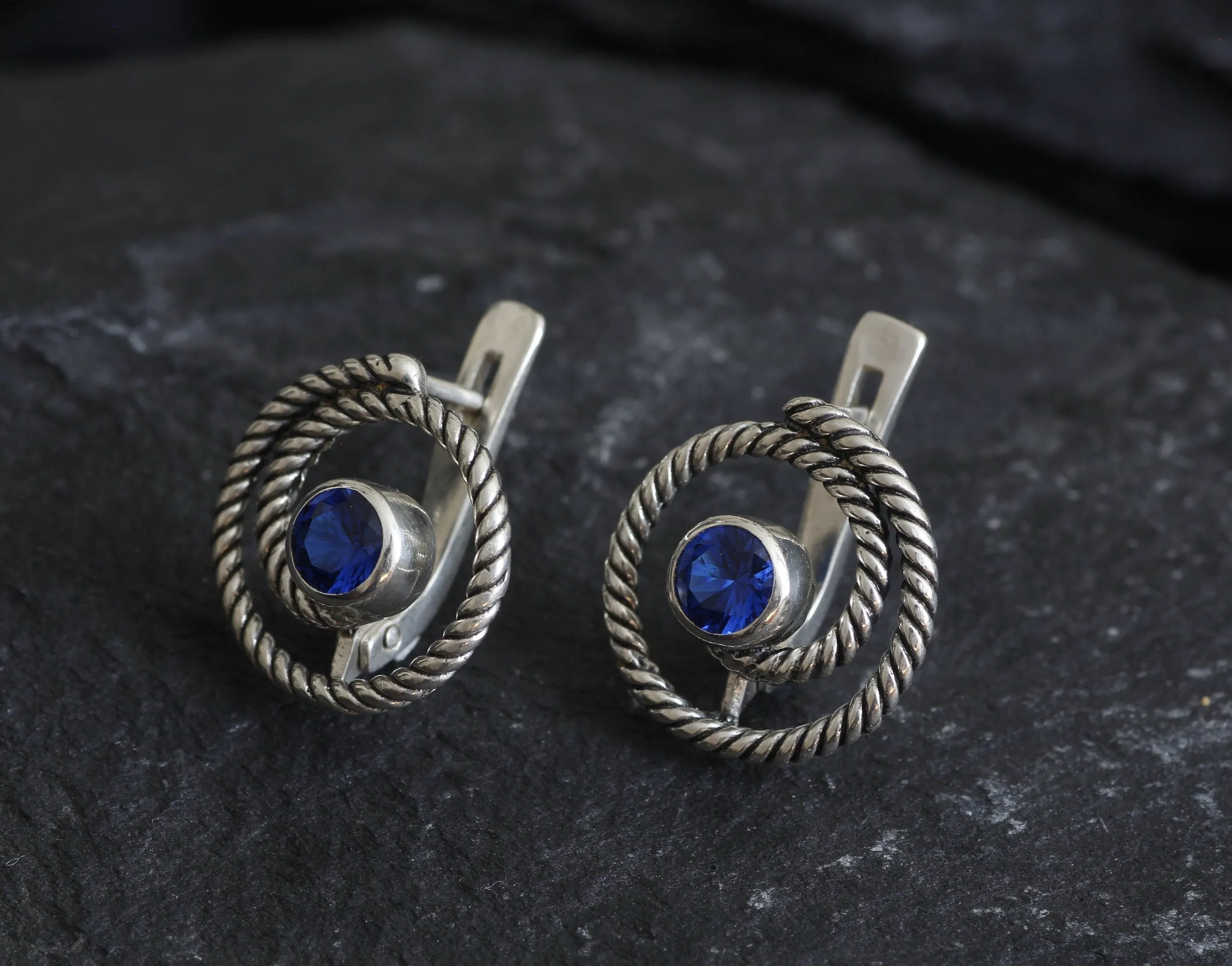 Blue Swirl Earrings - Spiral Sapphire Earrings, Large Swirl Studs