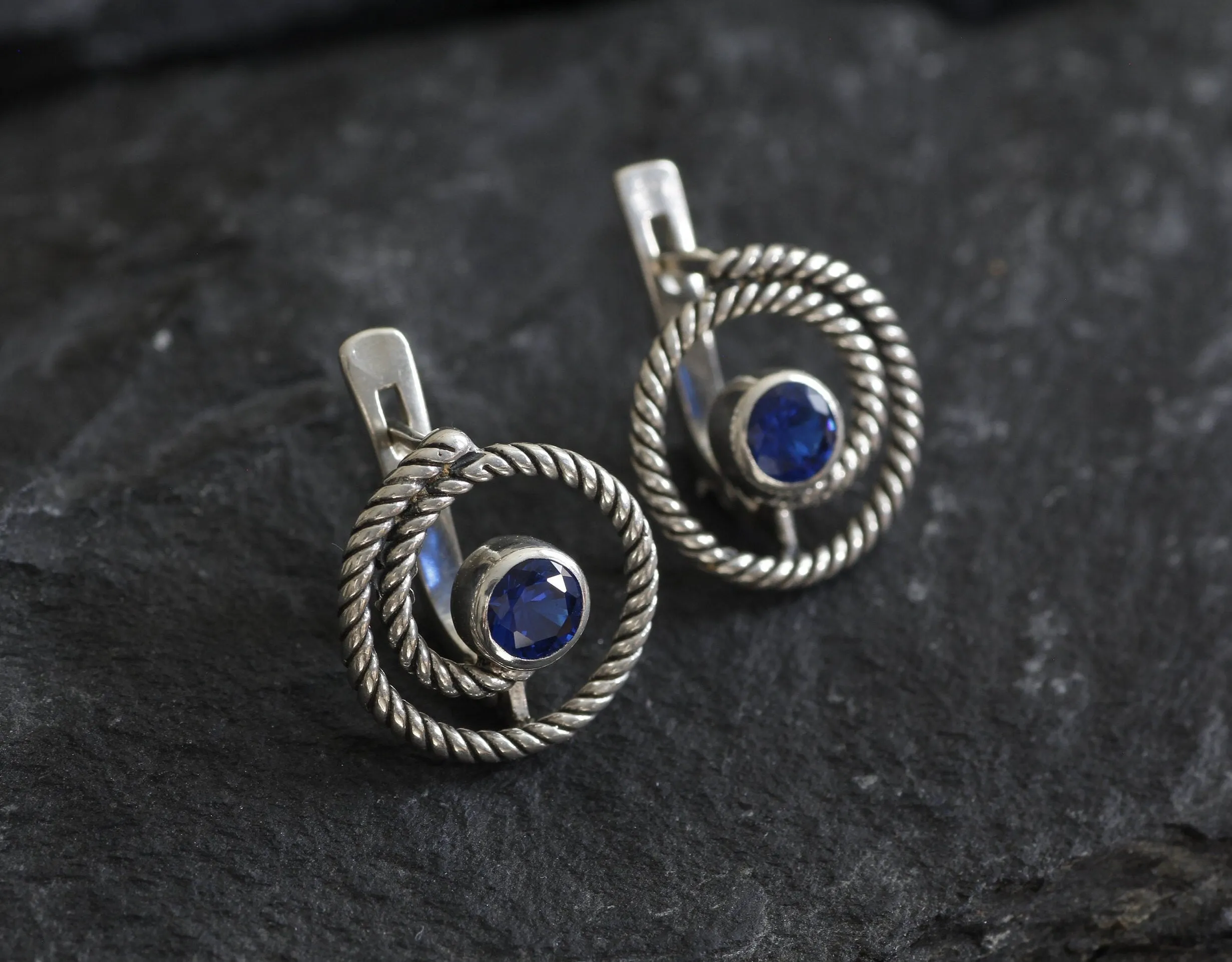 Blue Swirl Earrings - Spiral Sapphire Earrings, Large Swirl Studs