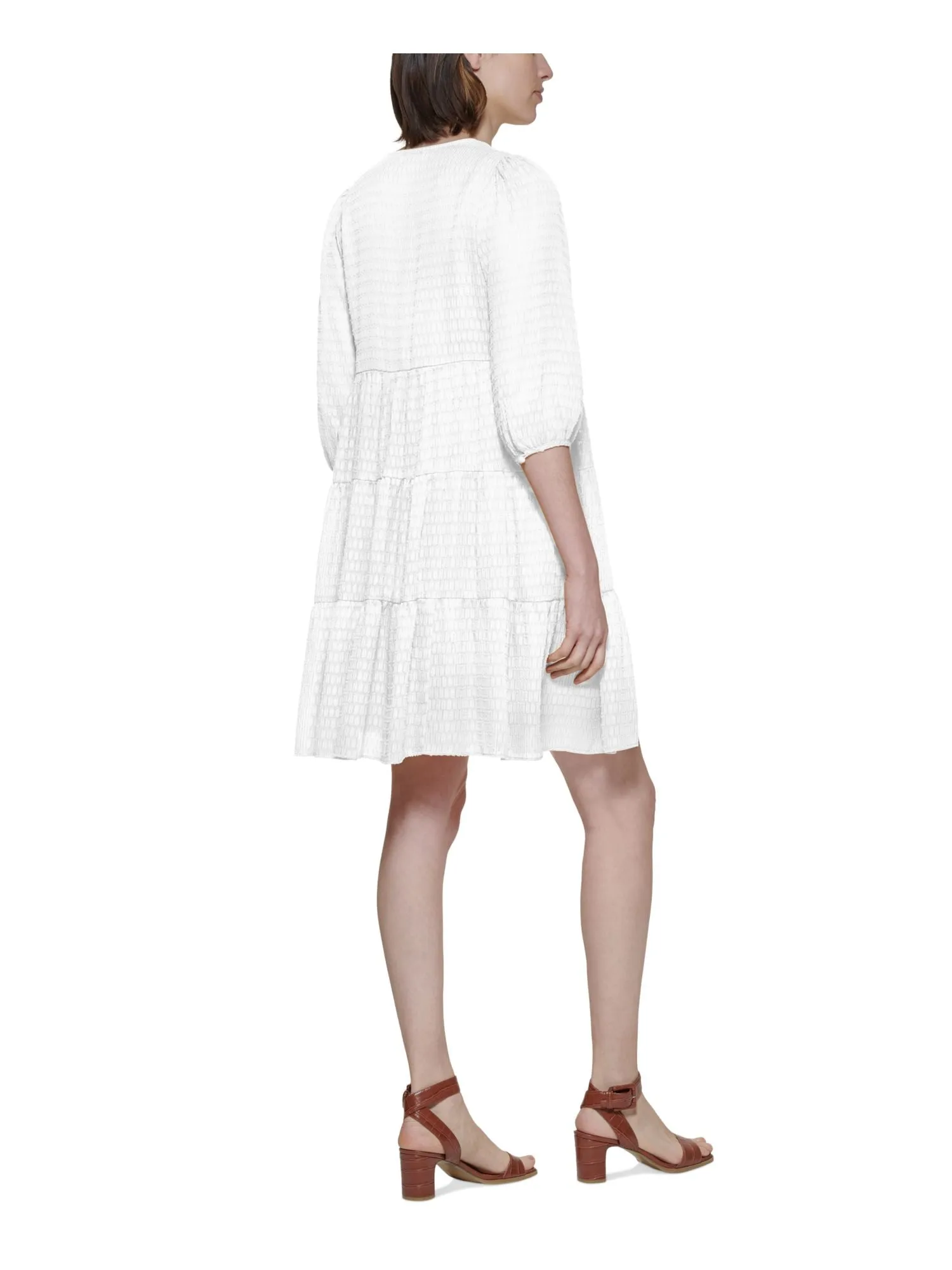 CALVIN KLEIN Womens Ivory Sheer Metallic Tie Faux-wrap Styling Tiered 3/4 Sleeve V Neck Above The Knee A-Line Dress
