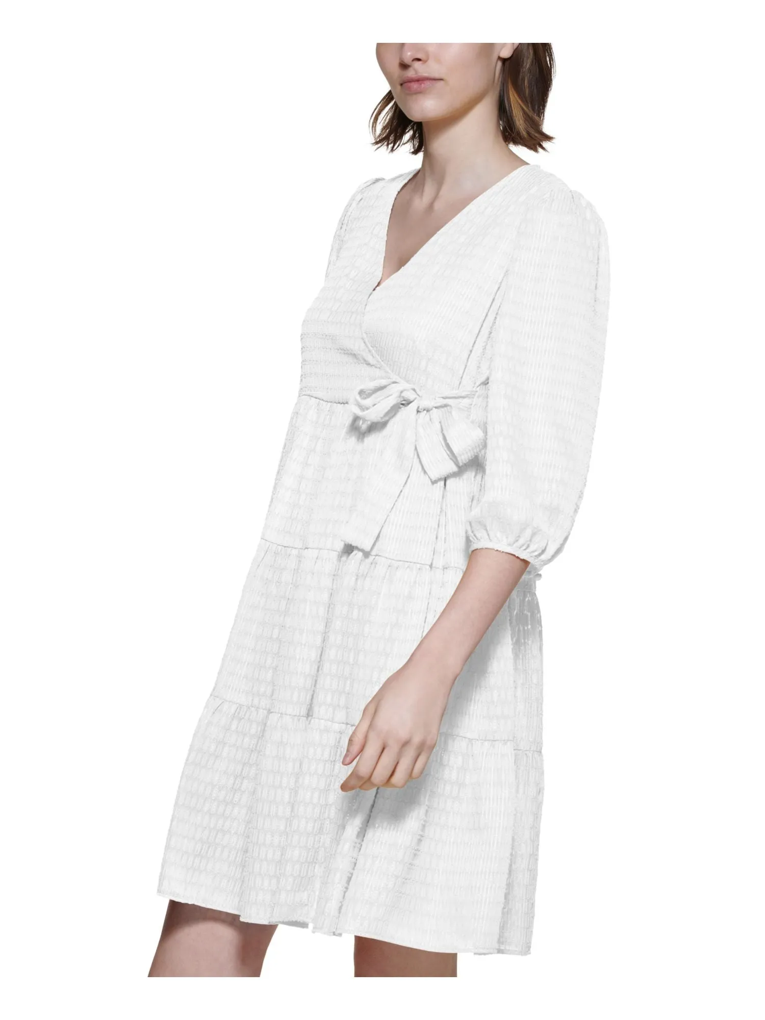 CALVIN KLEIN Womens Ivory Sheer Metallic Tie Faux-wrap Styling Tiered 3/4 Sleeve V Neck Above The Knee A-Line Dress