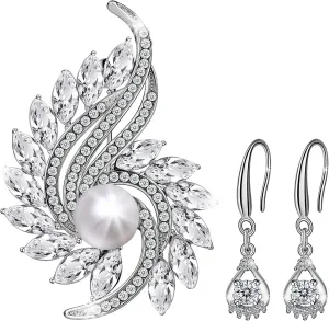 Christmas Brooch for Women and 925 Sterling Silver Earrings with Glitter Pearl Rhinestone Jewelry Set for Girls Fit with Party Meeting Dating Wedding Daily Birthday Love Gift