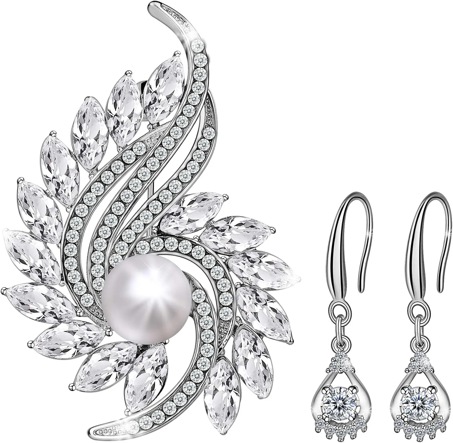 Christmas Brooch for Women and 925 Sterling Silver Earrings with Glitter Pearl Rhinestone Jewelry Set for Girls Fit with Party Meeting Dating Wedding Daily Birthday Love Gift
