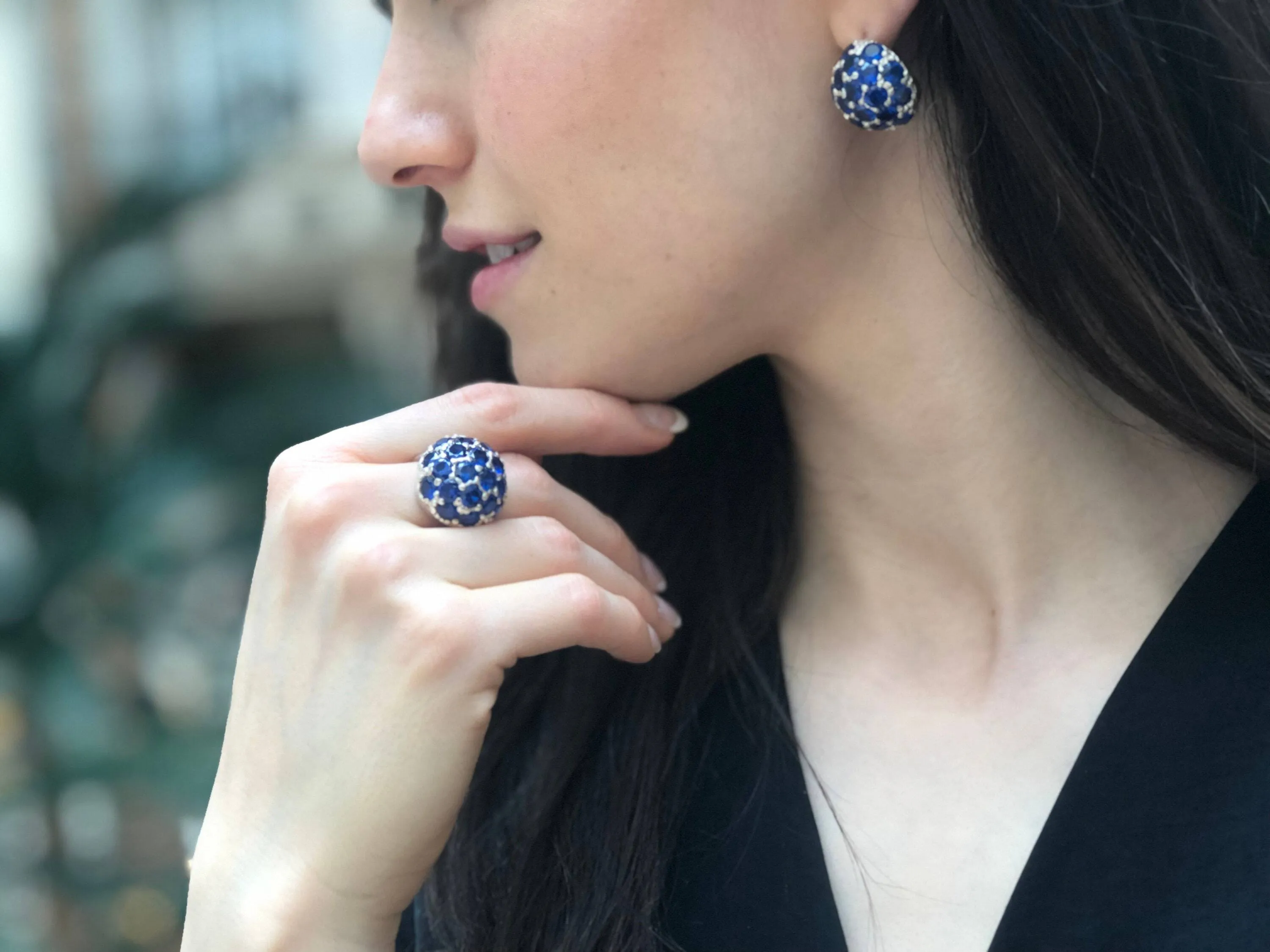 Cluster Sapphire Earrings - Royal Blue Earrings - Vintage Sphere Studs