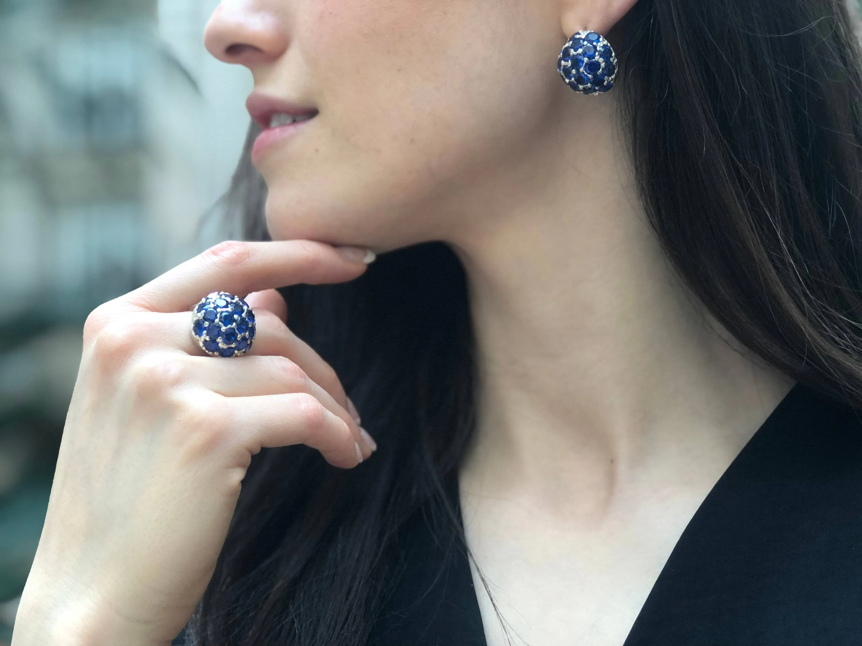 Cluster Sapphire Earrings - Royal Blue Earrings - Vintage Sphere Studs