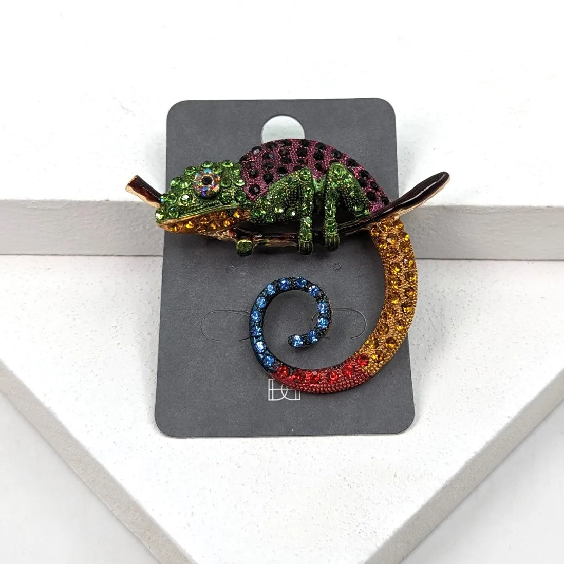 Colourful crystal chameleon brooch
