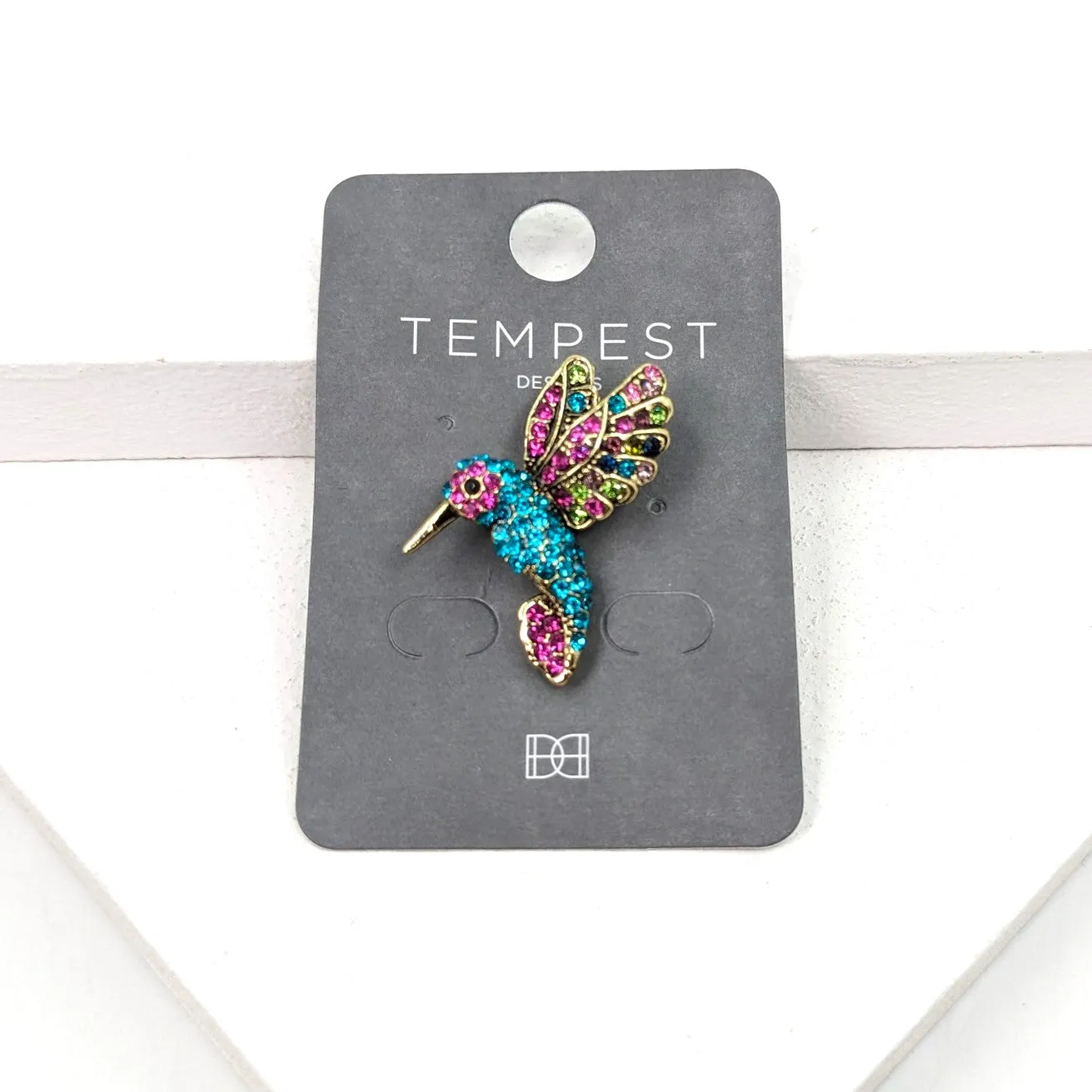 Colourful crystal hummingbird brooch
