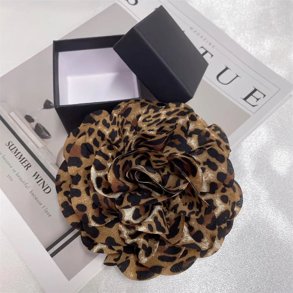 Dainty Fabric Leopard Rose Flower Large Brooch Lapel Pins Handmade Flower Brooches Pin Classic for Women Wedding Party Dance Banquet Dress Suit Clothes Accessories Jewelry Gifts 140mm