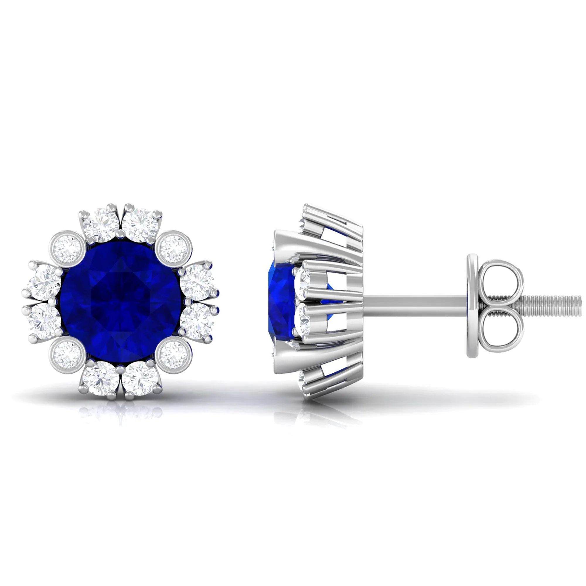 Designer Created Blue Sapphire and Diamond Halo Stud Earrings