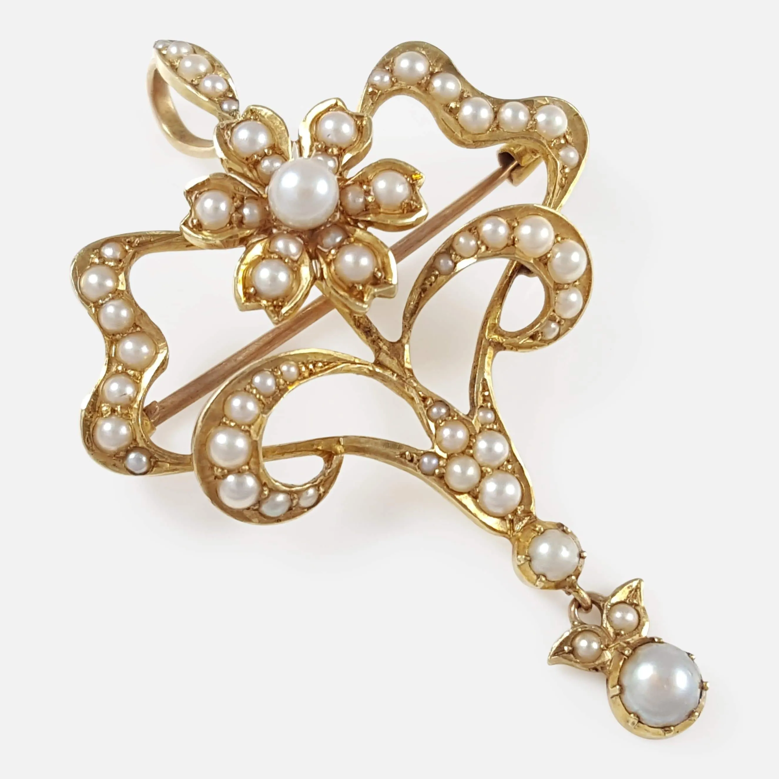 Edwardian 15ct Yellow Gold Seed Pearl Pendant and Brooch