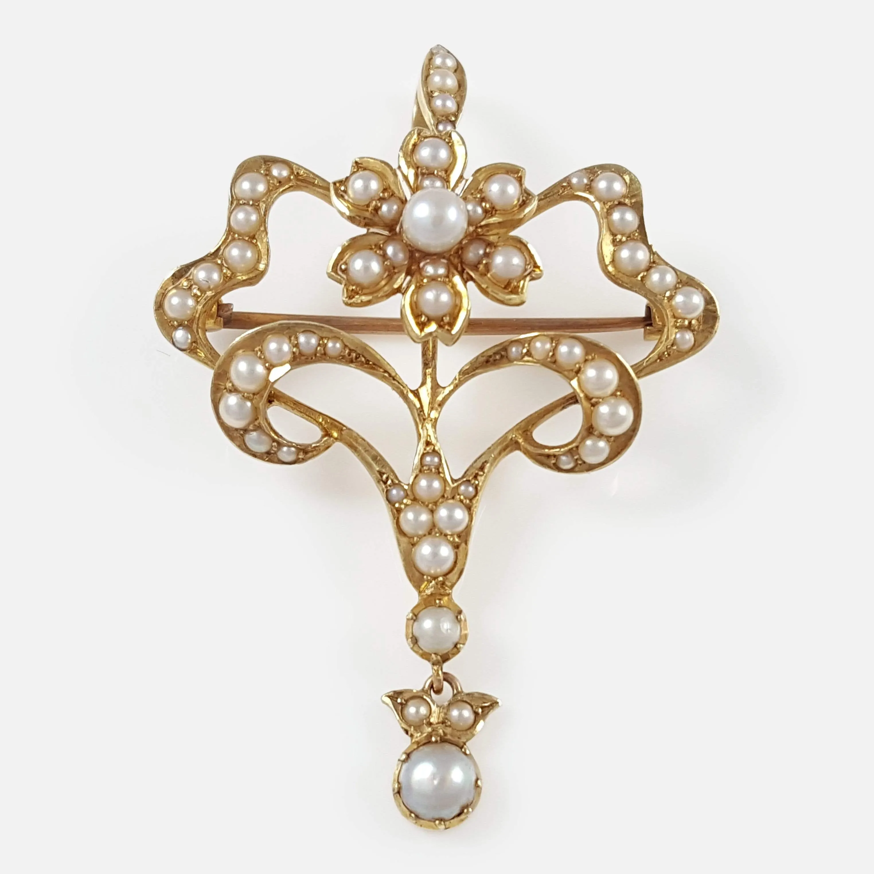 Edwardian 15ct Yellow Gold Seed Pearl Pendant and Brooch