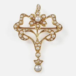 Edwardian 15ct Yellow Gold Seed Pearl Pendant and Brooch