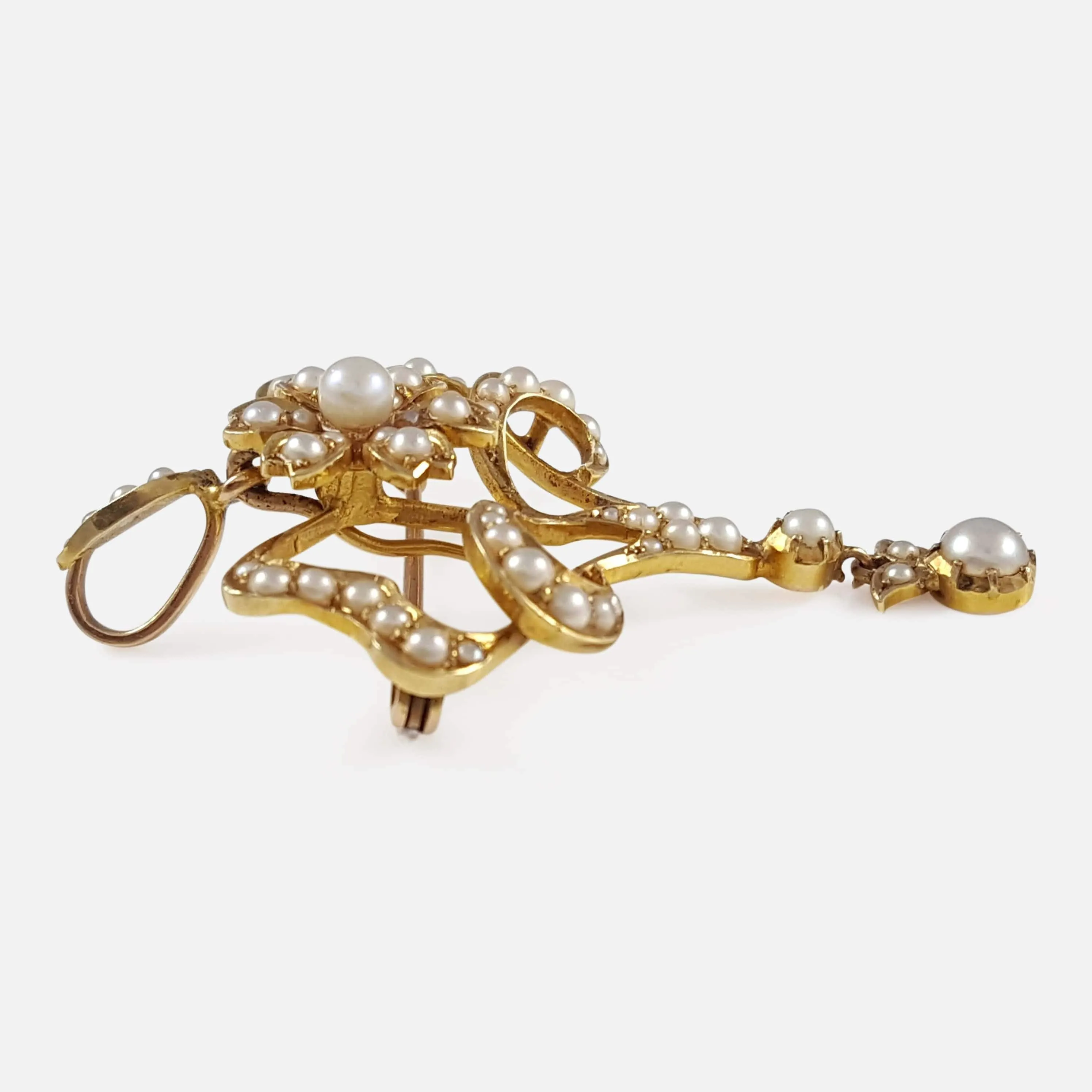 Edwardian 15ct Yellow Gold Seed Pearl Pendant and Brooch