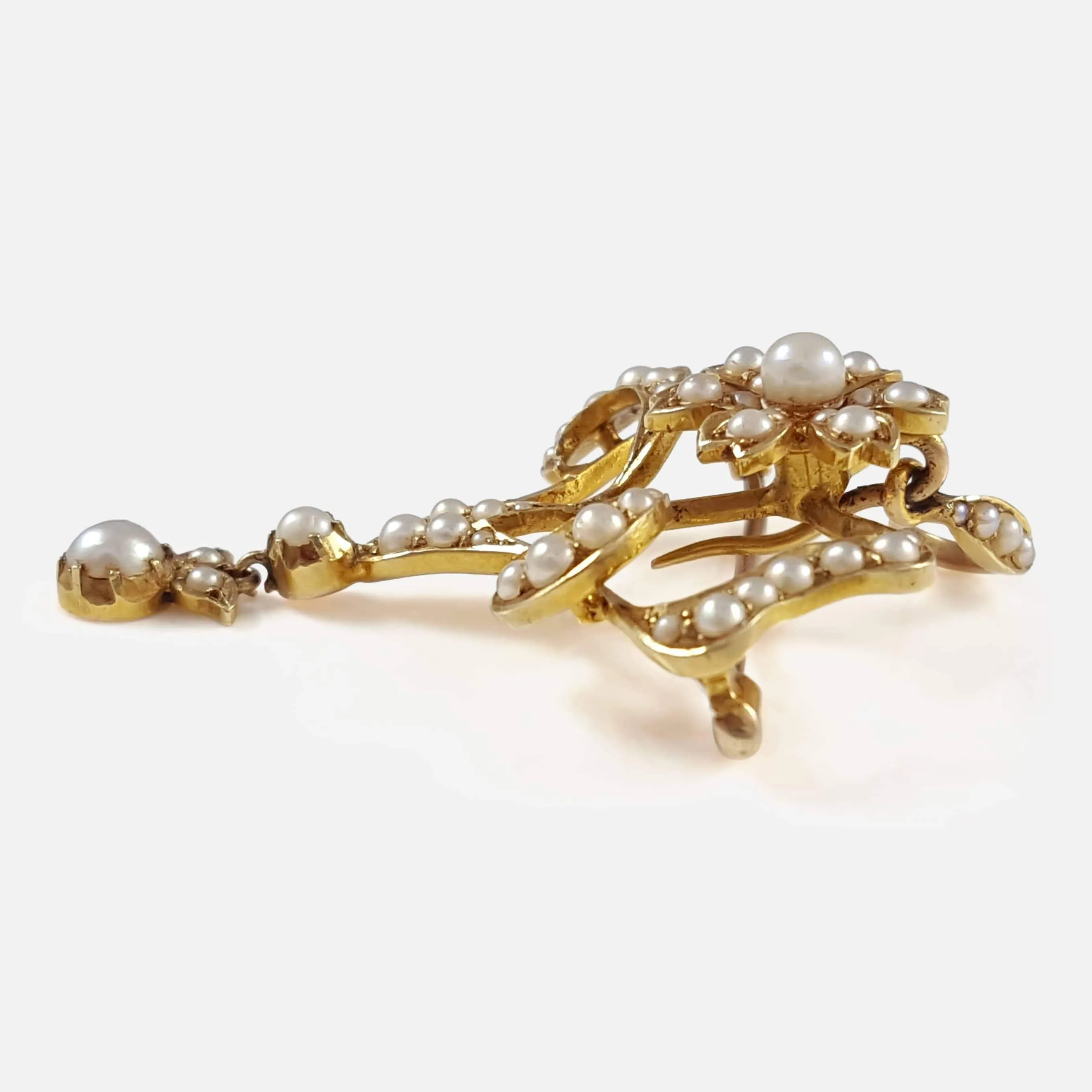 Edwardian 15ct Yellow Gold Seed Pearl Pendant and Brooch