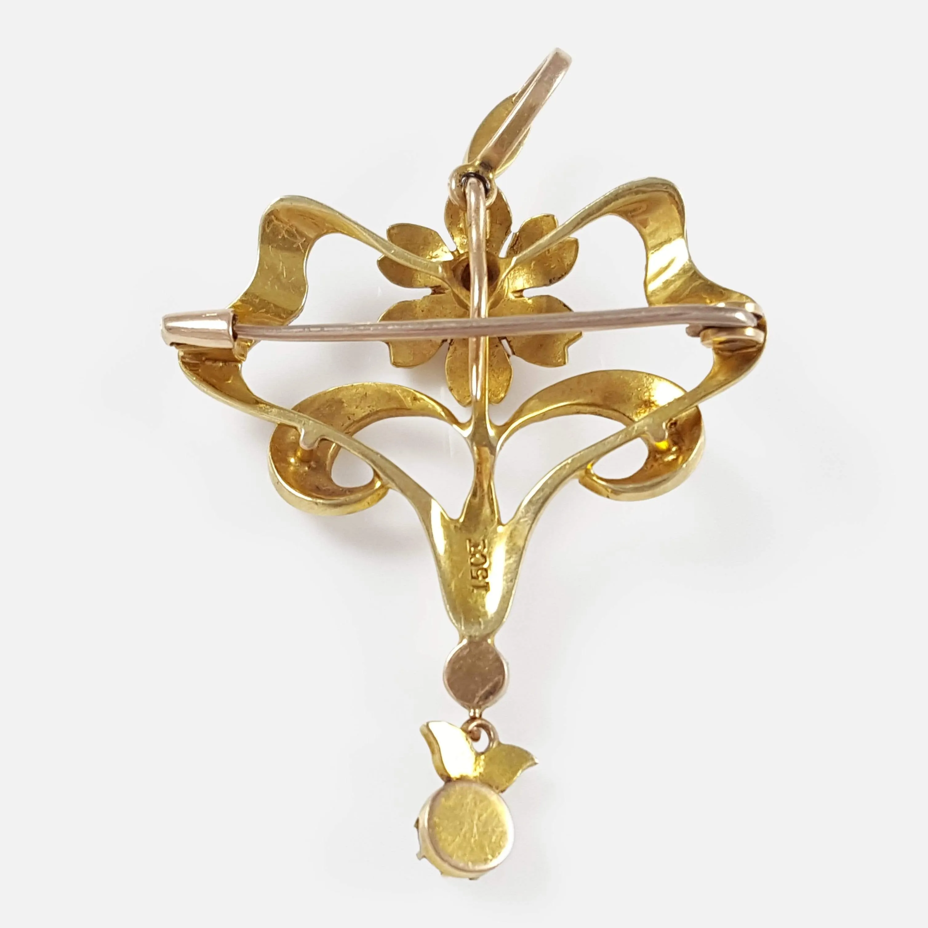 Edwardian 15ct Yellow Gold Seed Pearl Pendant and Brooch