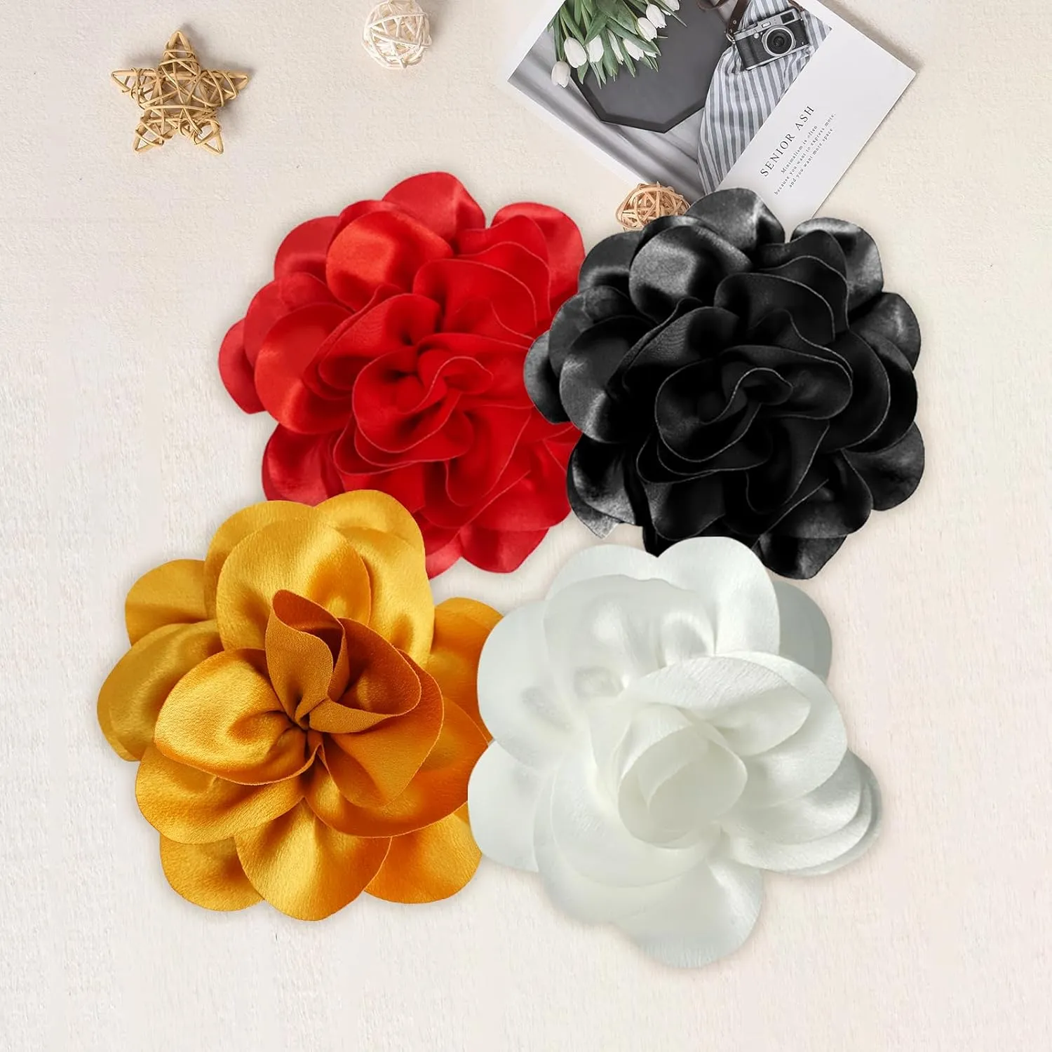 Elegant Satin Fabric Flower Brooch Pins and Flower Hair Clips, Big Size for Women's Dress Accessories, for Weddings, Parties, Dating, Rose and Silk Camellia Design, Eye-Catching Clothing Jewelry Gifts