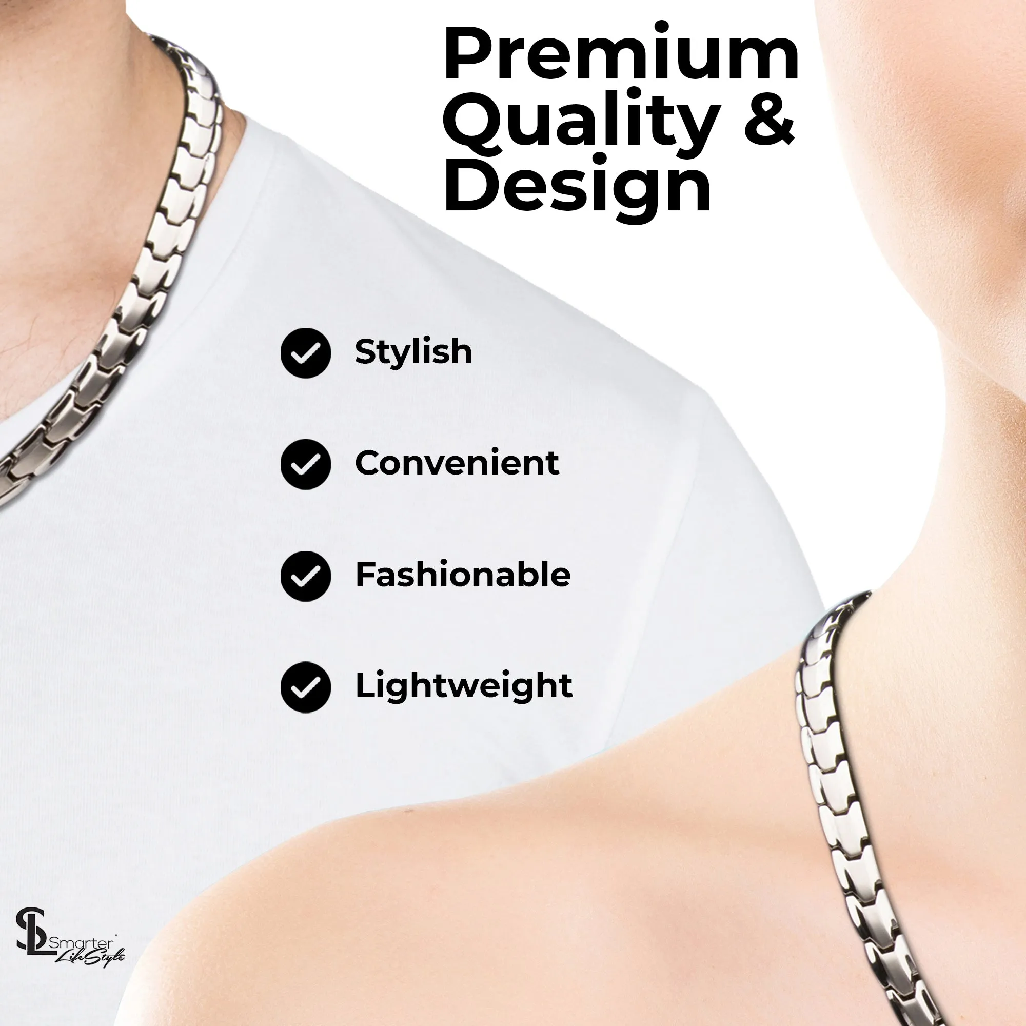 Elegant Titanium Magnetic Therapy Necklace - Unisex - Width: .35in, Solid / Silver