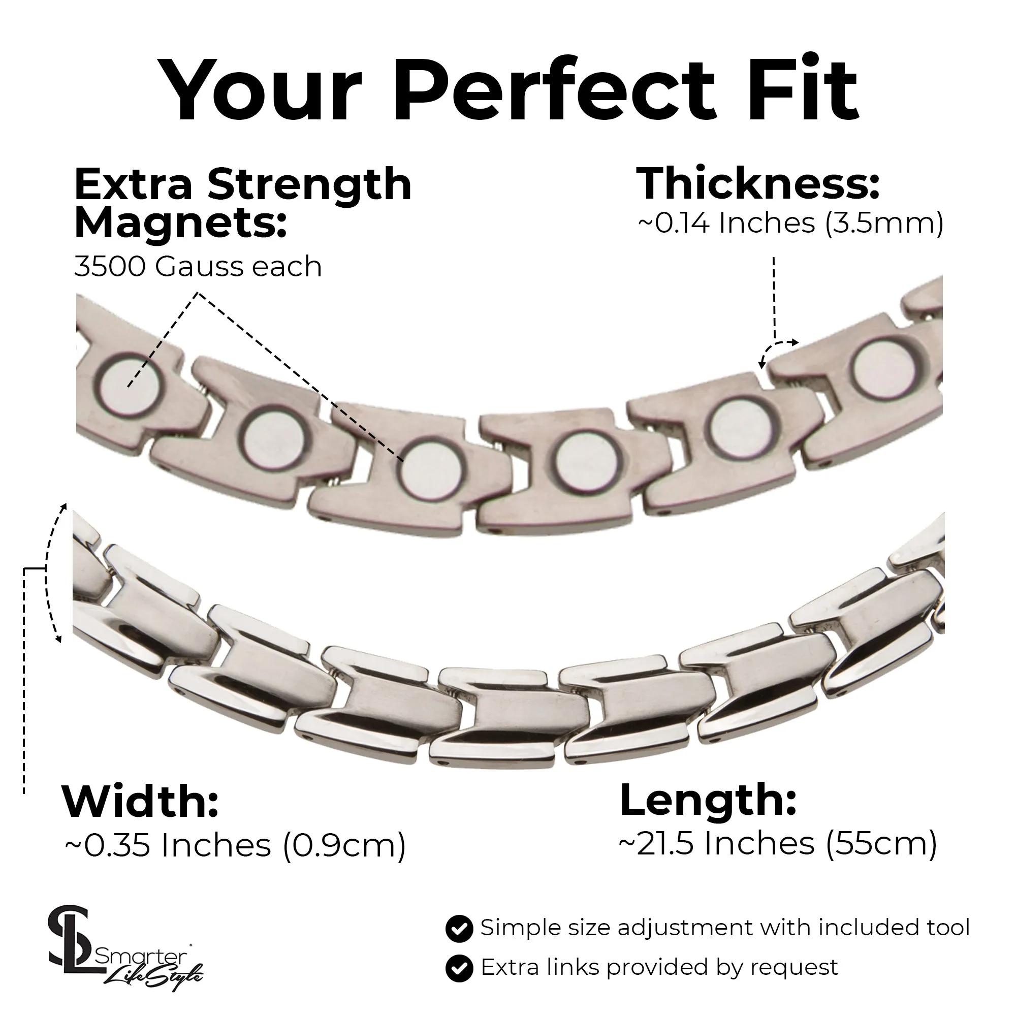 Elegant Titanium Magnetic Therapy Necklace - Unisex - Width: .35in, Solid / Silver